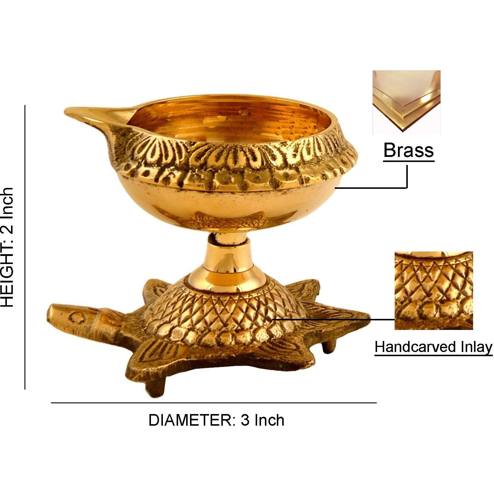 Hashcart Handmade Brass Kuber Diya with Turtle Base, Engraved Design Diyas for Pooja and Return Gifts- (Gold)