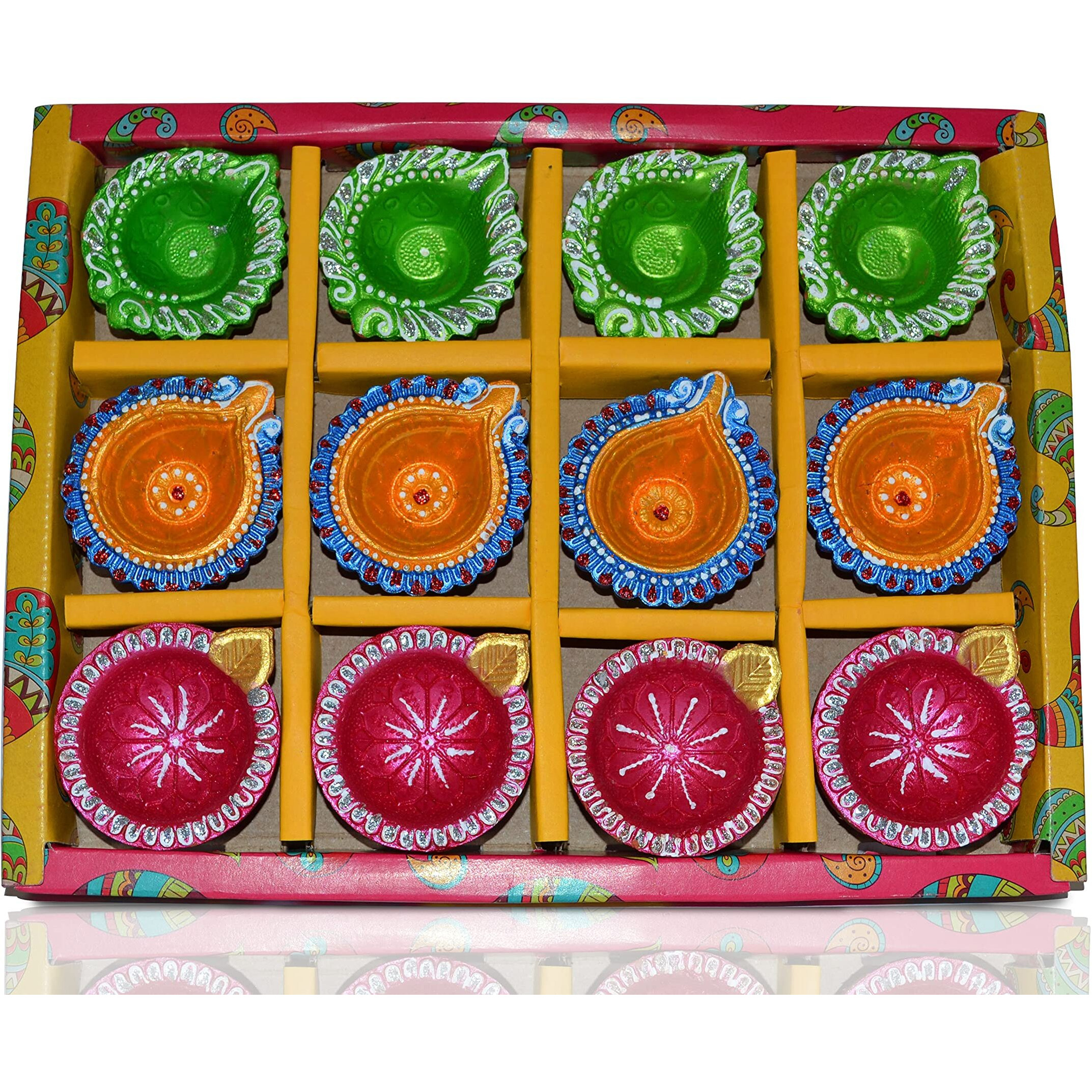 CraftVatika Clay Diyas Diya Deepak Batti Diya - Handmade Mitti Diya for Diwali Decoration Puja - Handpainted Diya for Home Indoor Outdoor Diwali (12 Piece)