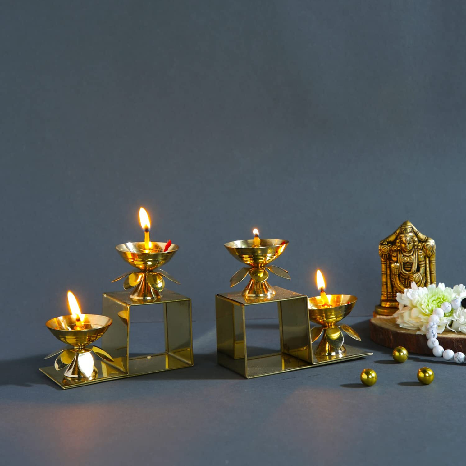 CraftVatika Brass Lotus Diya Oil Puja Lamp Piller Stand 2 Step Diya for Home Temple Pooja Articles Decor Gift (Quantity 2)