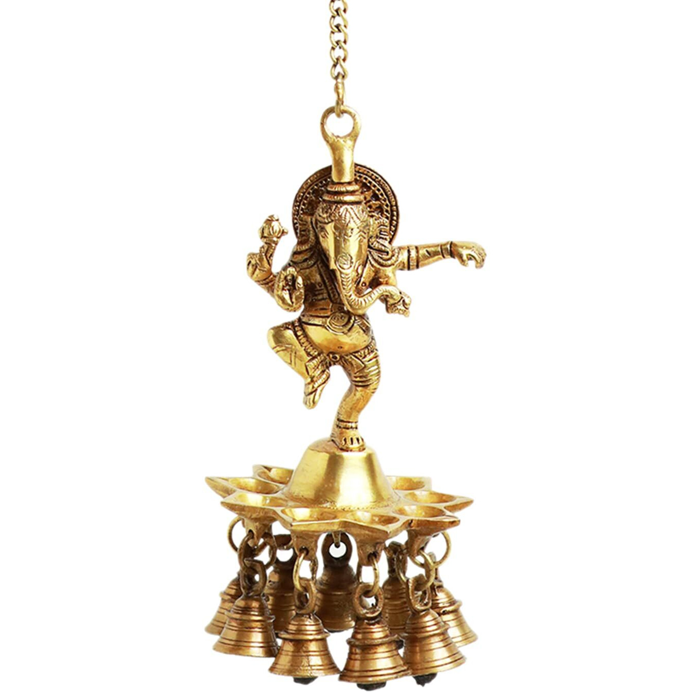 ExclusiveLane Swaying Ganesha Decorative Brass Hanging Diya for Puja Room Mandir with Bell (Pure Brass, 9 Diyas & Bells, 22.2 Inch, 1.2 Kg) | Brass Bell Hanging Decorative Items Bell for Mandir