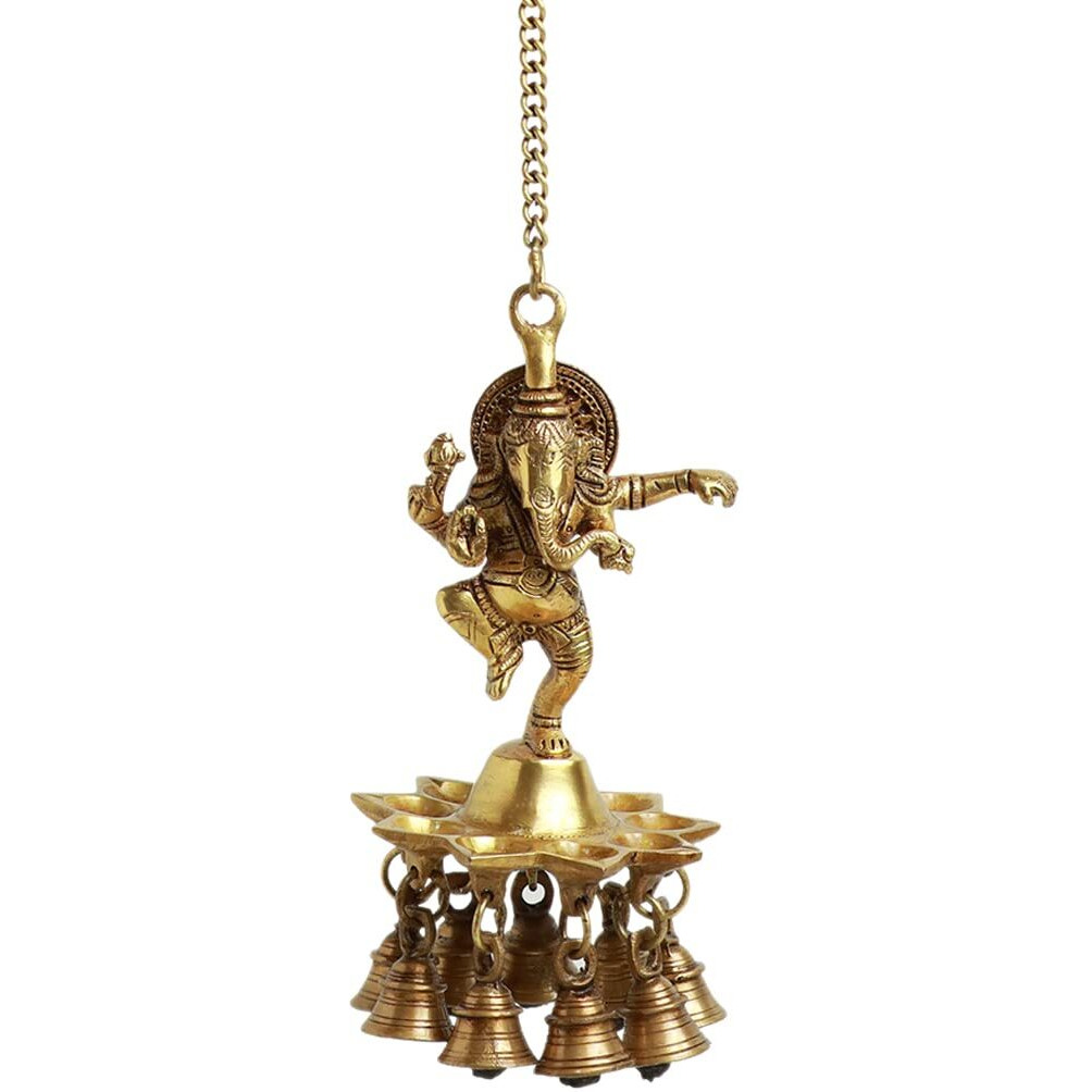 ExclusiveLane Swaying Ganesha Decorative Brass Hanging Diya for Puja Room Mandir with Bell (Pure Brass, 9 Diyas & Bells, 22.2 Inch, 1.2 Kg) | Brass Bell Hanging Decorative Items Bell for Mandir