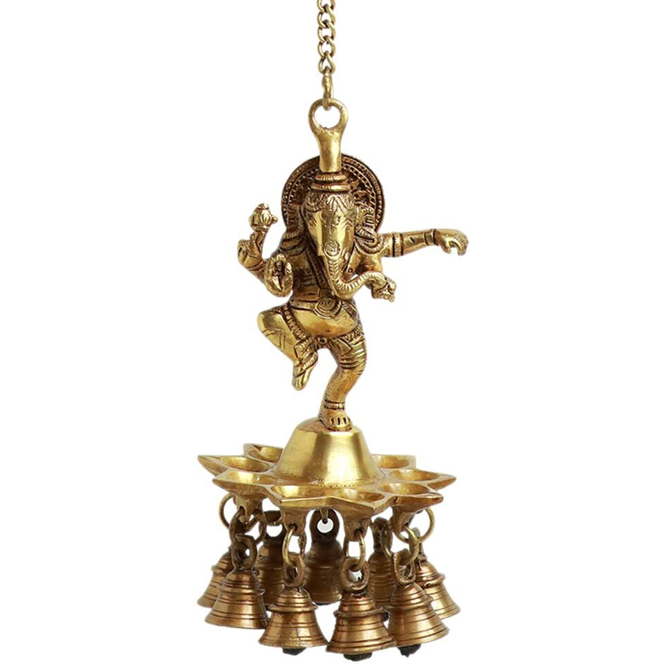 ExclusiveLane Swaying Ganesha Decorative Brass Hanging Diya for Puja Room Mandir with Bell (Pure Brass, 9 Diyas & Bells, 22.2 Inch, 1.2 Kg) | Brass Bell Hanging Decorative Items Bell for Mandir