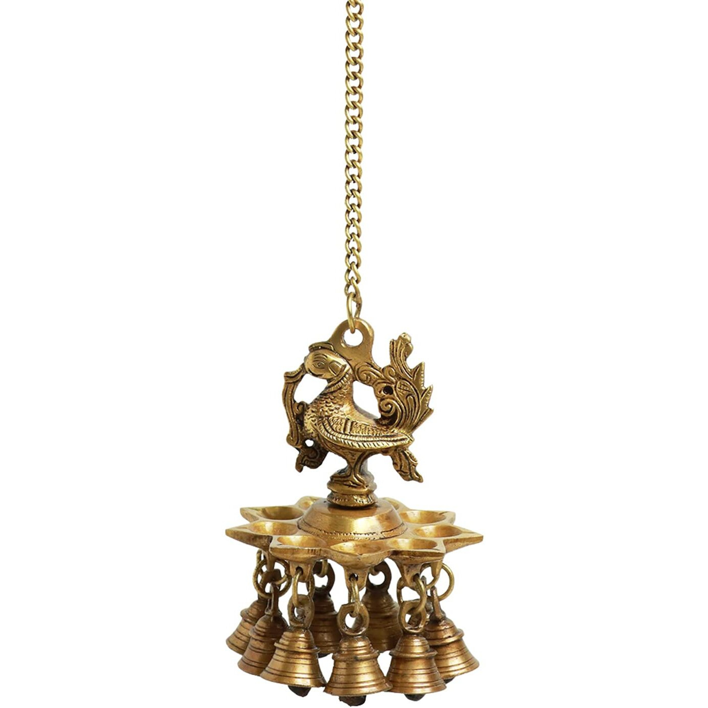 ExclusiveLane Peacock Bliss Hand-Etched Decorative Pure Brass Hanging Diya for Puja Room Mandir with Bell (9 Diyas & Bells, 23.2 Inch, 0.9 Kg) | Hanging Lamp Diya