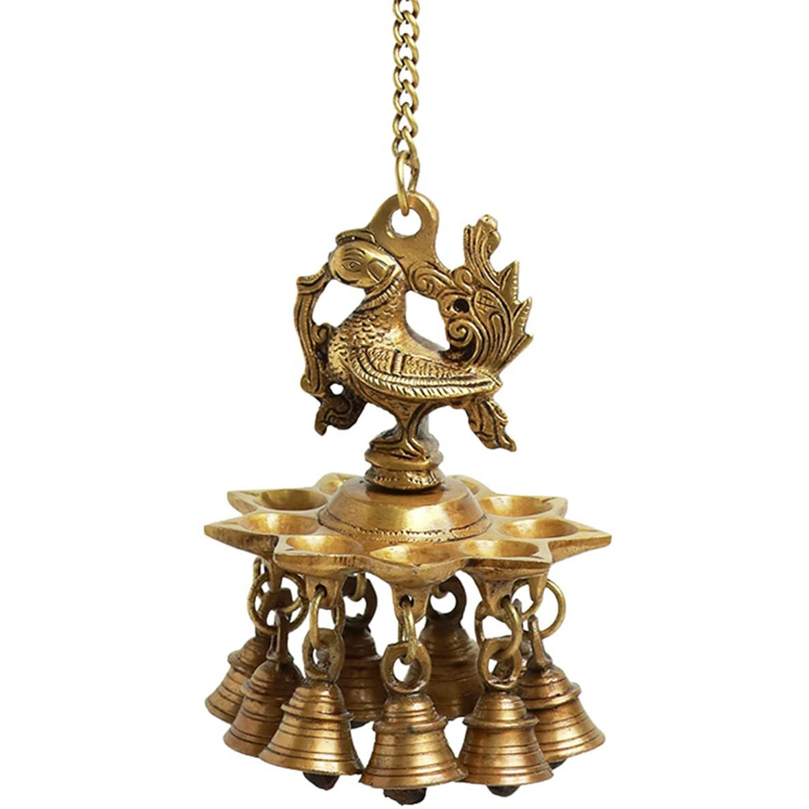 ExclusiveLane Peacock Bliss Hand-Etched Decorative Pure Brass Hanging Diya for Puja Room Mandir with Bell (9 Diyas & Bells, 23.2 Inch, 0.9 Kg) | Hanging Lamp Diya