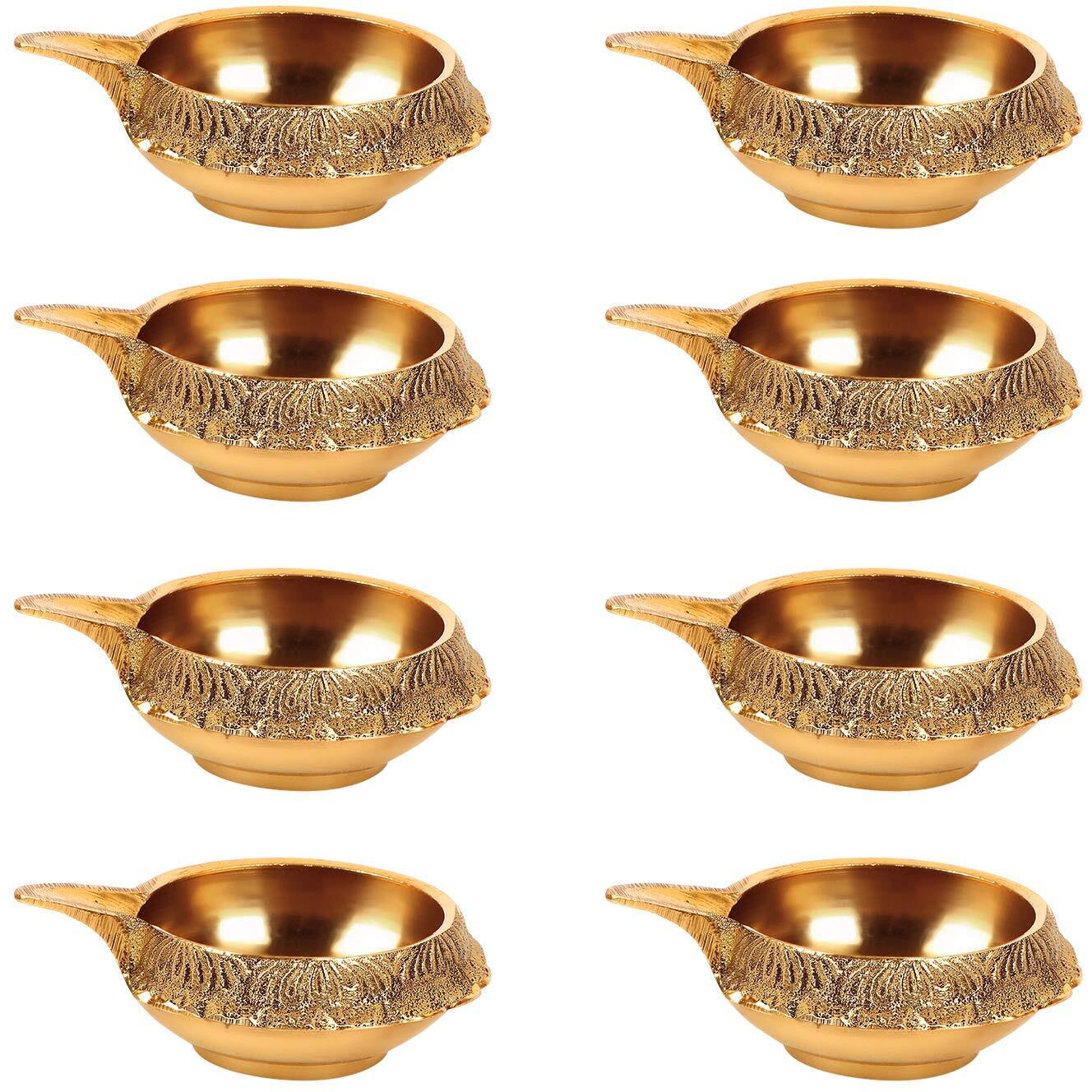 DreamKraft Pure Brass Flower Textured Corner Deepjyot Diwali Kuber Deepak Diya Oil Lamp (Set of 8) for Home, Offices, Shops, Temple, Pooja, Hawan, and Worship