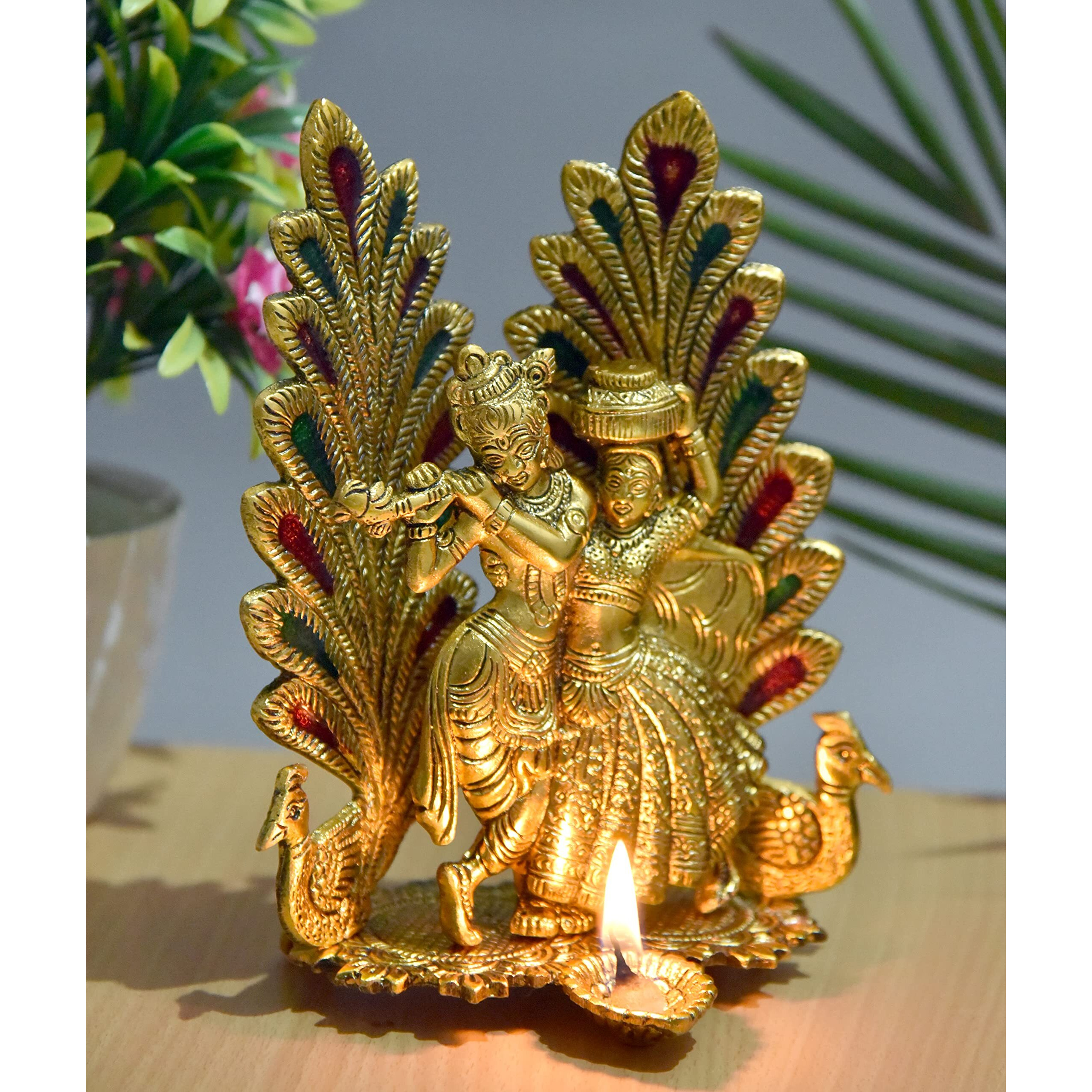 Nirmal Handicraft Radha Krishna Idol Statue with Diya Peacock Design Decorative Showpiece Religious Handicraft Idol for Gift Puja Room Dcor, 20 cm (Metal, Gold Radha Krishna Gold)