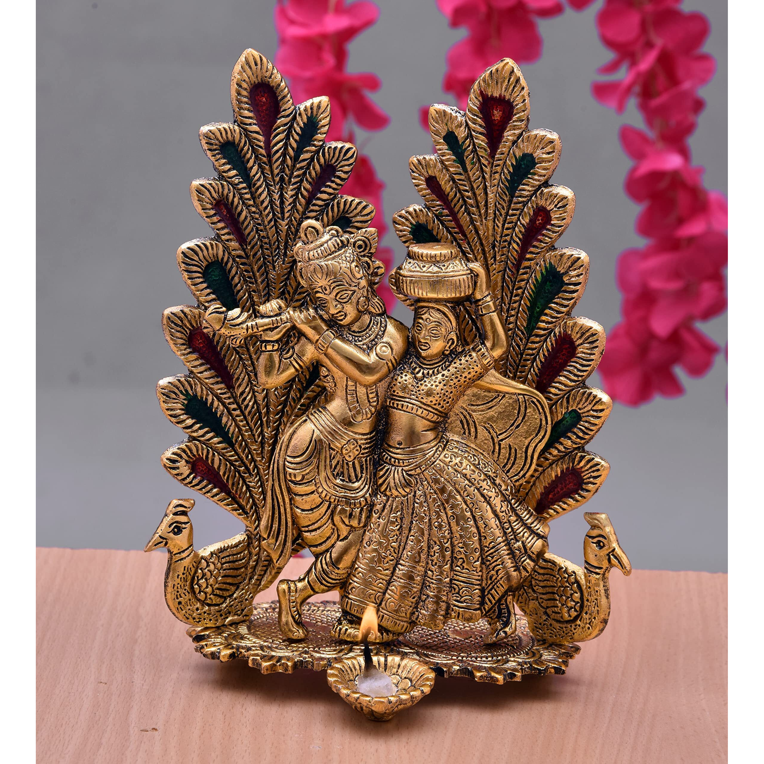 Nirmal Handicraft Radha Krishna Idol Statue with Diya Peacock Design Decorative Showpiece Religious Handicraft Idol for Gift Puja Room Dcor, 20 cm (Metal, Gold Radha Krishna Gold)