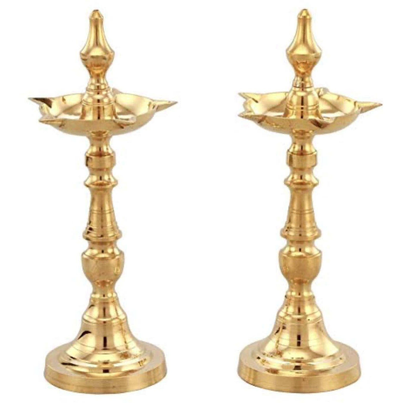 Denique Traditional Kerala Brass Oil/Ghee Diya, Deepak, Lamp DesignLong Diyas for Home, Pooja Room, Pancharti Panchmukhi Pital Diya for Puja, Decoration, Aarti, Diwali (PACK of 1)