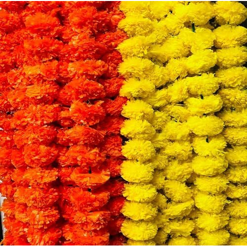 ZHENGTU Artificial Marigold Flowers for Decoration Garland with Bell for Diwali & Festivals | 5 Feet Long 10 Pcs with 2 Diya (Orange+ Yellow) (5 Yellow+5 Orange merigold) (merigold Yellow+Orange)