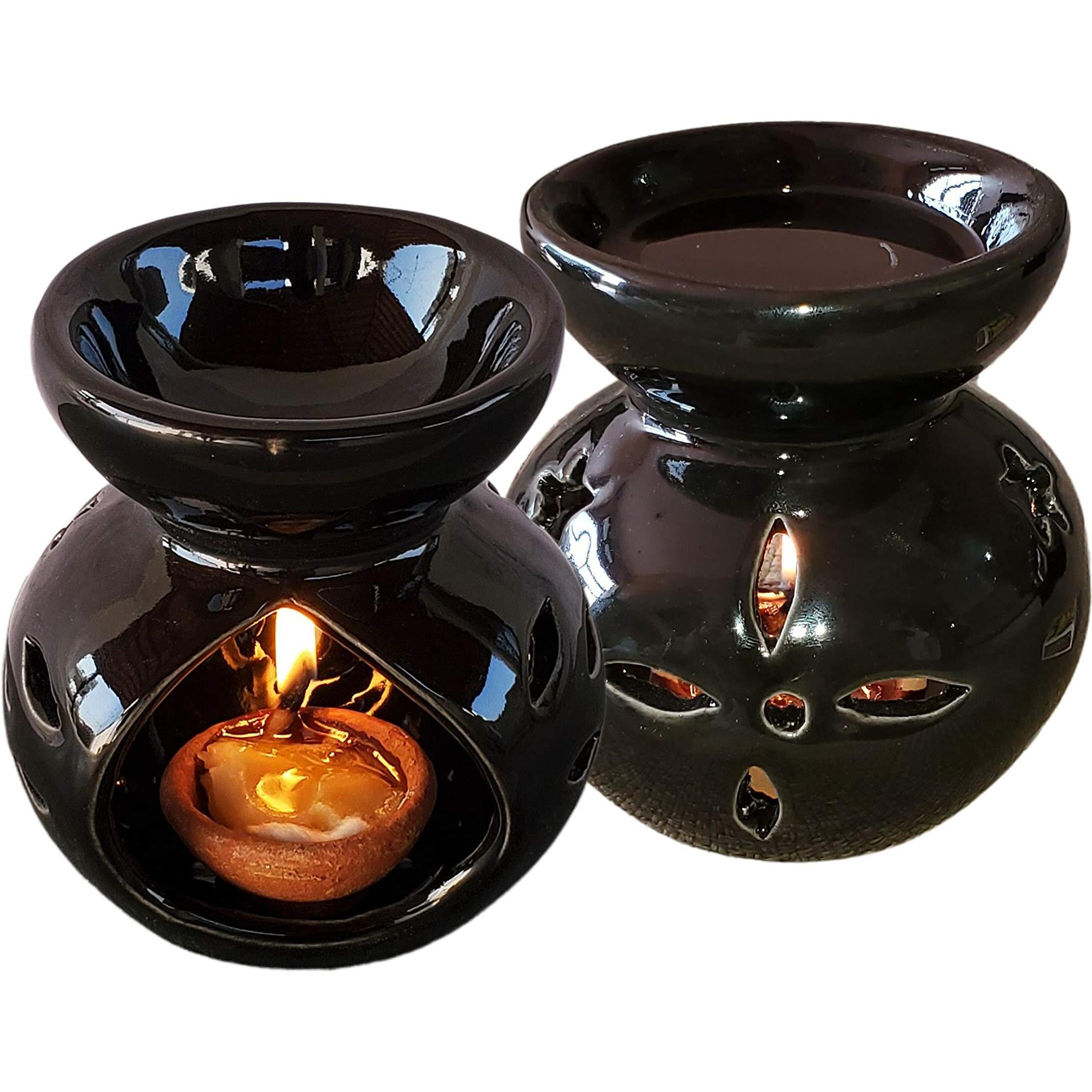 Pure Source India Ceramic Oil Burner with Diya (Black, 4.75 Inch)