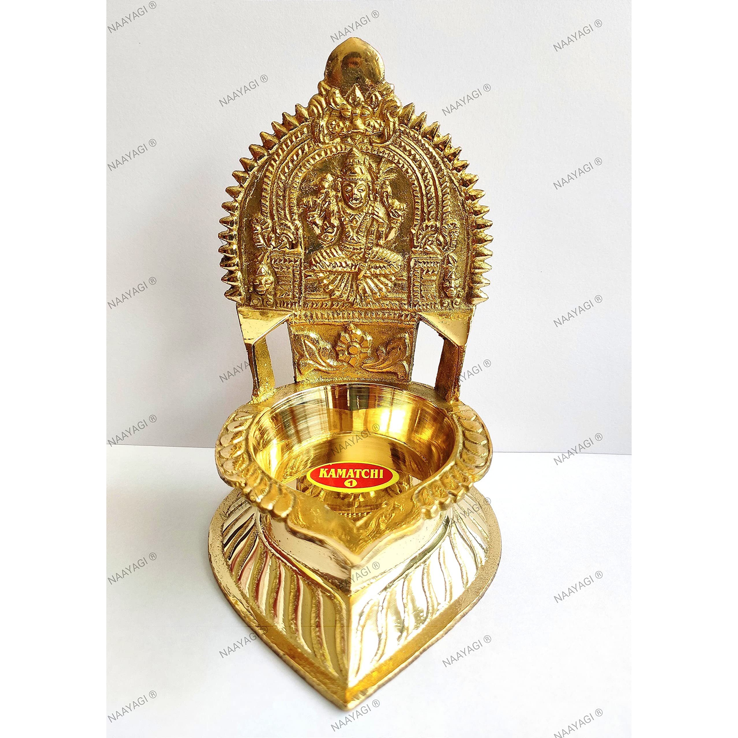 NAAYAGI - Kanchipuram KAMAKSHI Diya / VILAKKU with Unique Sugarcane Engraved ON HER Side - Small - 5.3 INCH HIGH ( Gold Color )