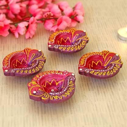 TIED RIBBONS Pack of 4 Clay Diya Set - Large Size Teracotta Diya Set Earthen Oil Ghee Diyas Mitti Diya Combo Pack - Decoration Items for Home Decor (Set of 4, Multicolor)