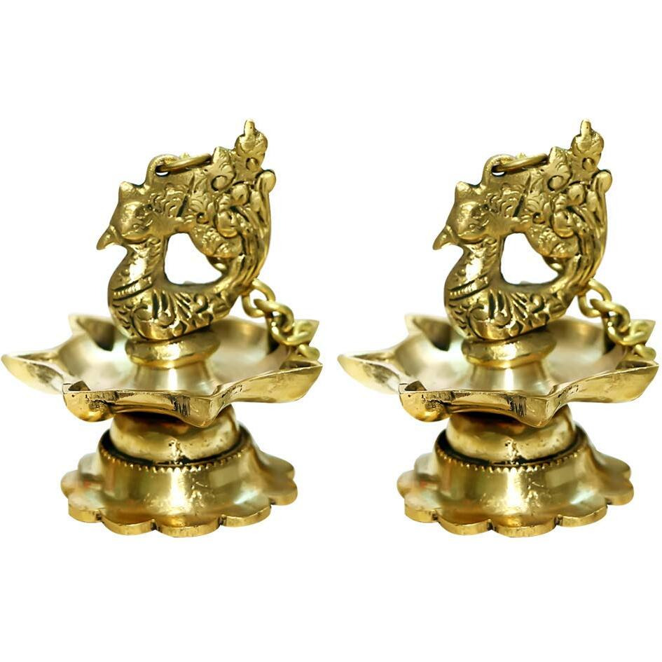 Crafthut Brass Peacock Hanging Diya, Length - 3 Inches (8 cm) , Width - 3 Inches (8 cm) , Height - 16 Inches (40 cm), Gold, 2 Piece