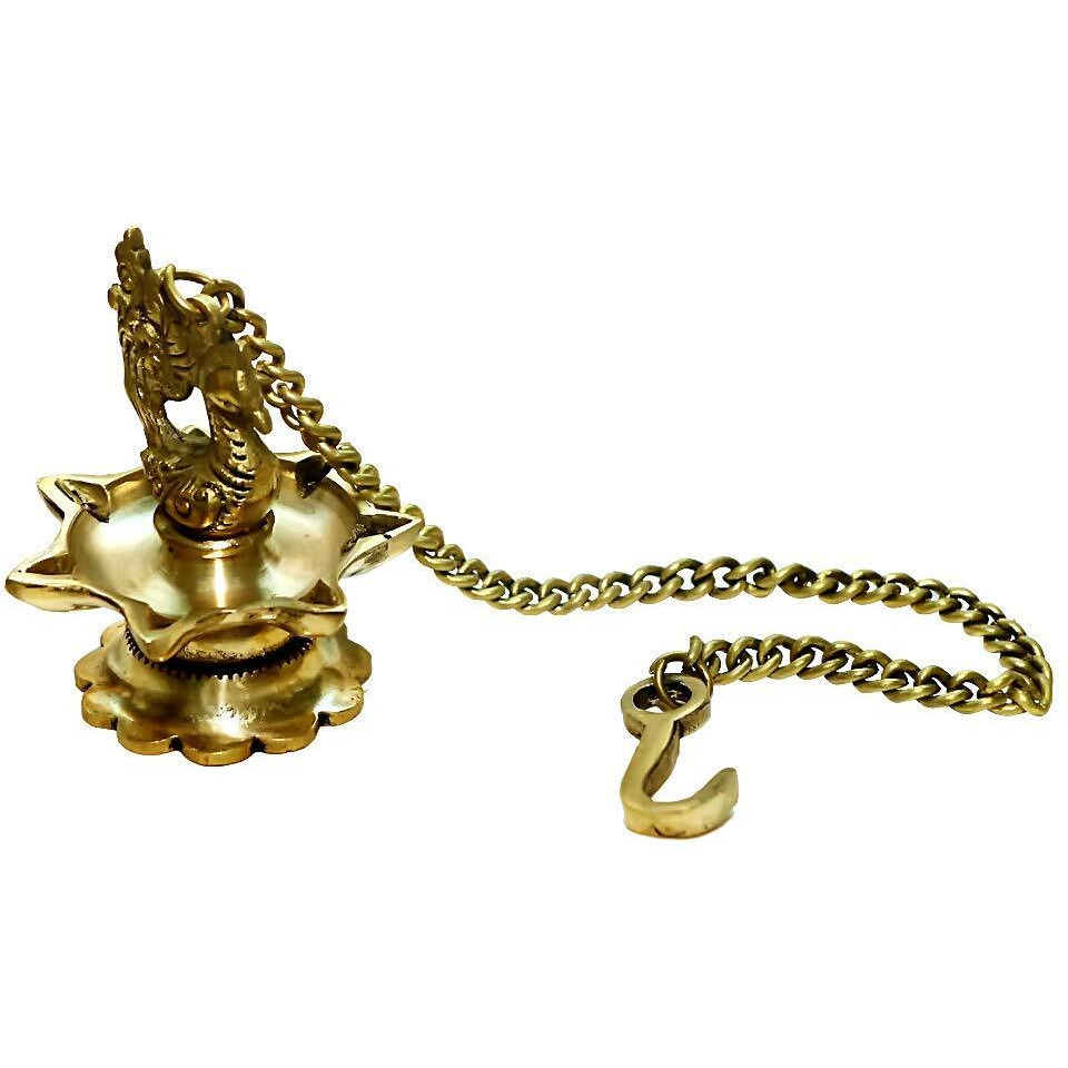 Crafthut Brass Peacock Hanging Diya, Length - 3 Inches (8 cm) , Width - 3 Inches (8 cm) , Height - 16 Inches (40 cm), Gold, 2 Piece