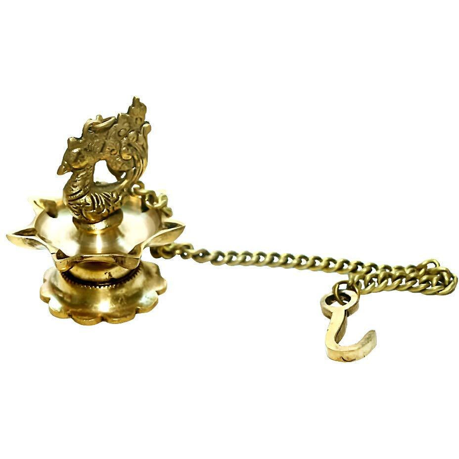 Crafthut Brass Peacock Hanging Diya, Length - 3 Inches (8 cm) , Width - 3 Inches (8 cm) , Height - 16 Inches (40 cm), Gold, 2 Piece