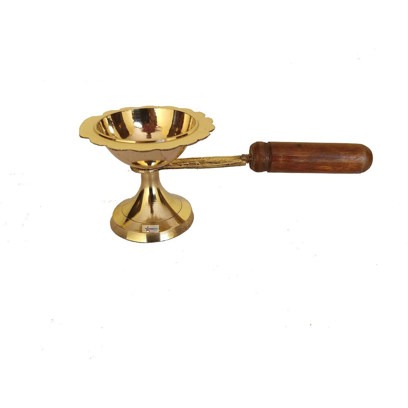 STARVIN || Pure Brass Dhoop Diya || Medium Size || Kapoor Aarti Lamp/Dhoop Stand with Wooden Handle || WZ56