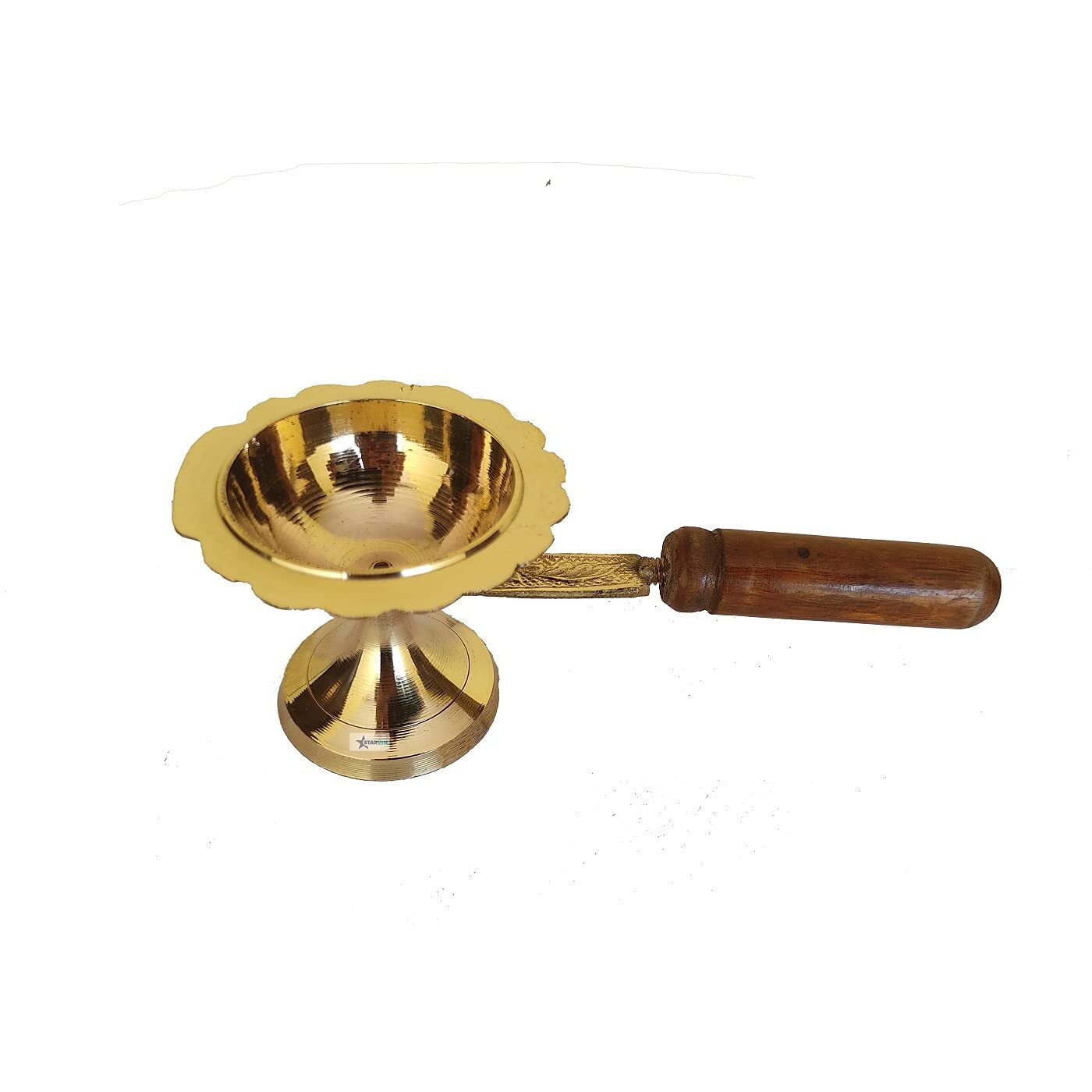 STARVIN || Pure Brass Dhoop Diya || Medium Size || Kapoor Aarti Lamp/Dhoop Stand with Wooden Handle || WZ56