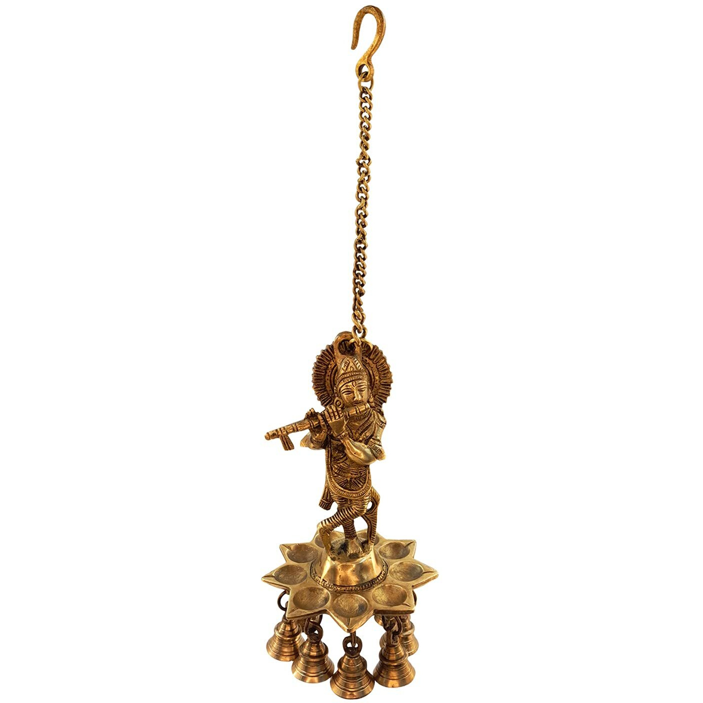 Artvarko Brass Krishna Roof Hanging Diya Oil Lamp with Antique Bell with Long Metal Hook for Home Decor, Pooja Mandir, Golden