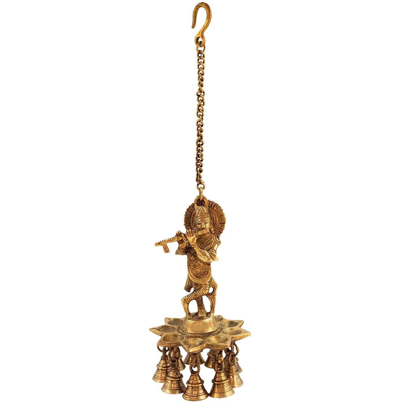 Artvarko Brass Krishna Roof Hanging Diya Oil Lamp with Antique Bell with Long Metal Hook for Home Decor, Pooja Mandir, Golden