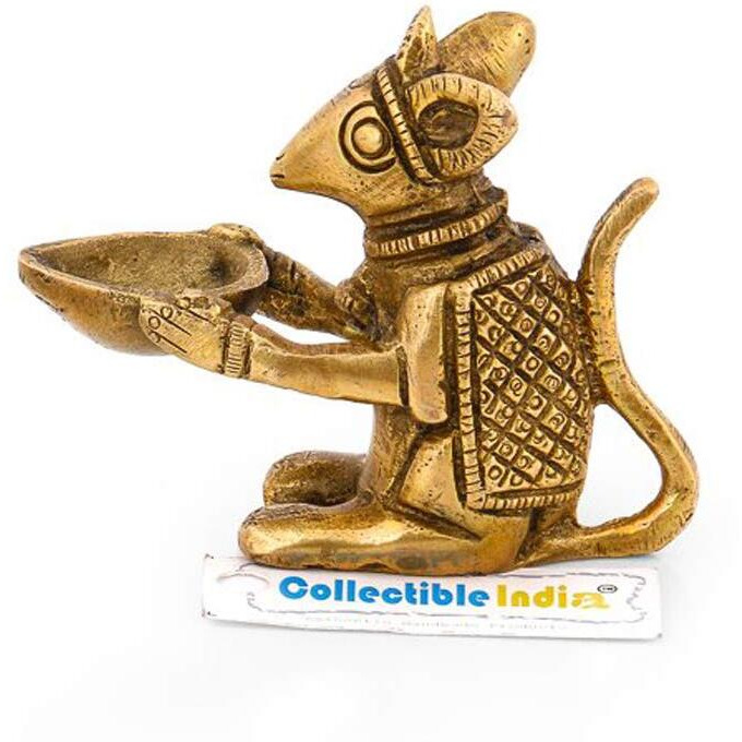 Collectible India Brass Mouse Holding Diya Oil lamp Sculpture Designer Showpiece Diwali Decoration Items