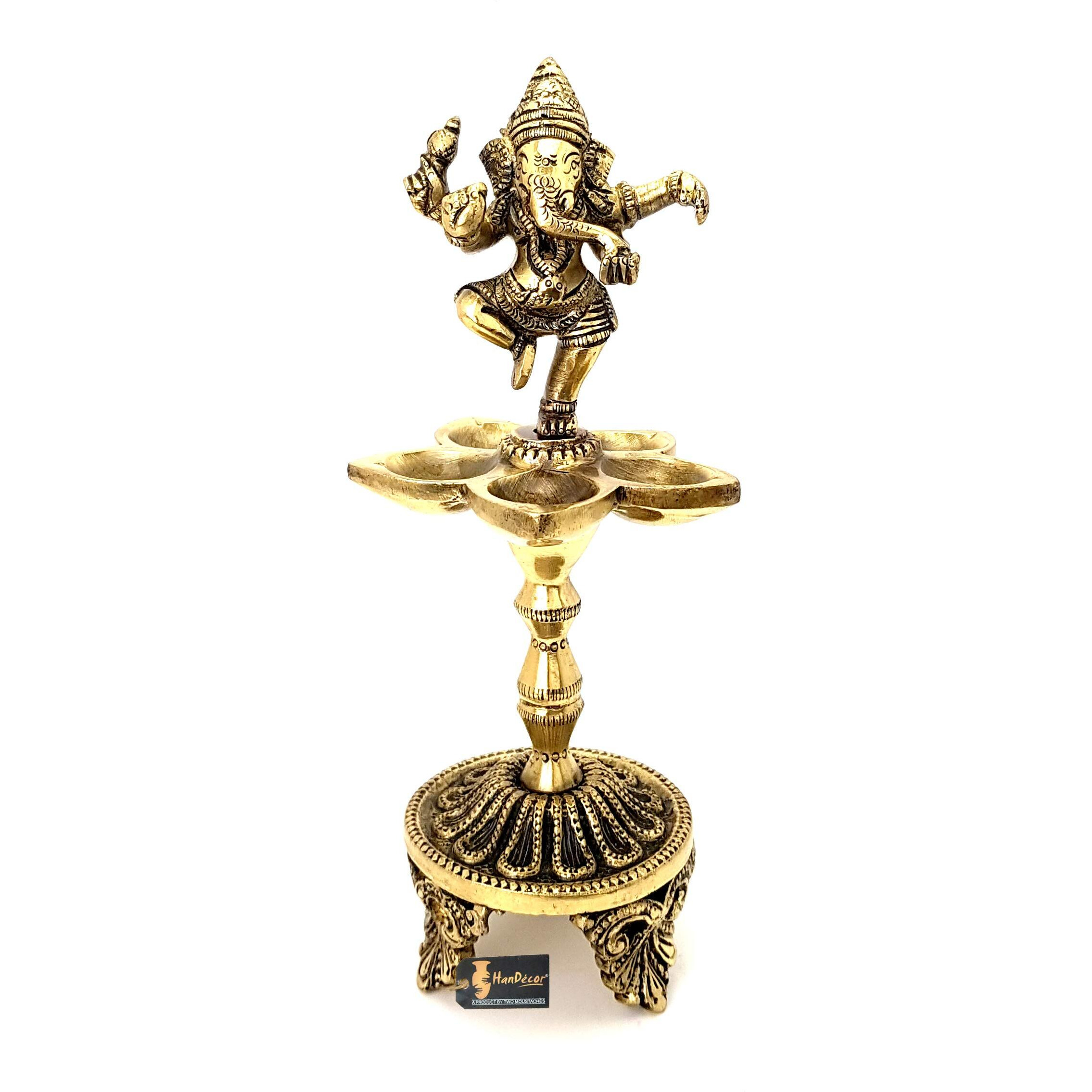 Two Moustaches Dancing Ganesha Over Ethnic Legs Five Oil Wick Brass Diya