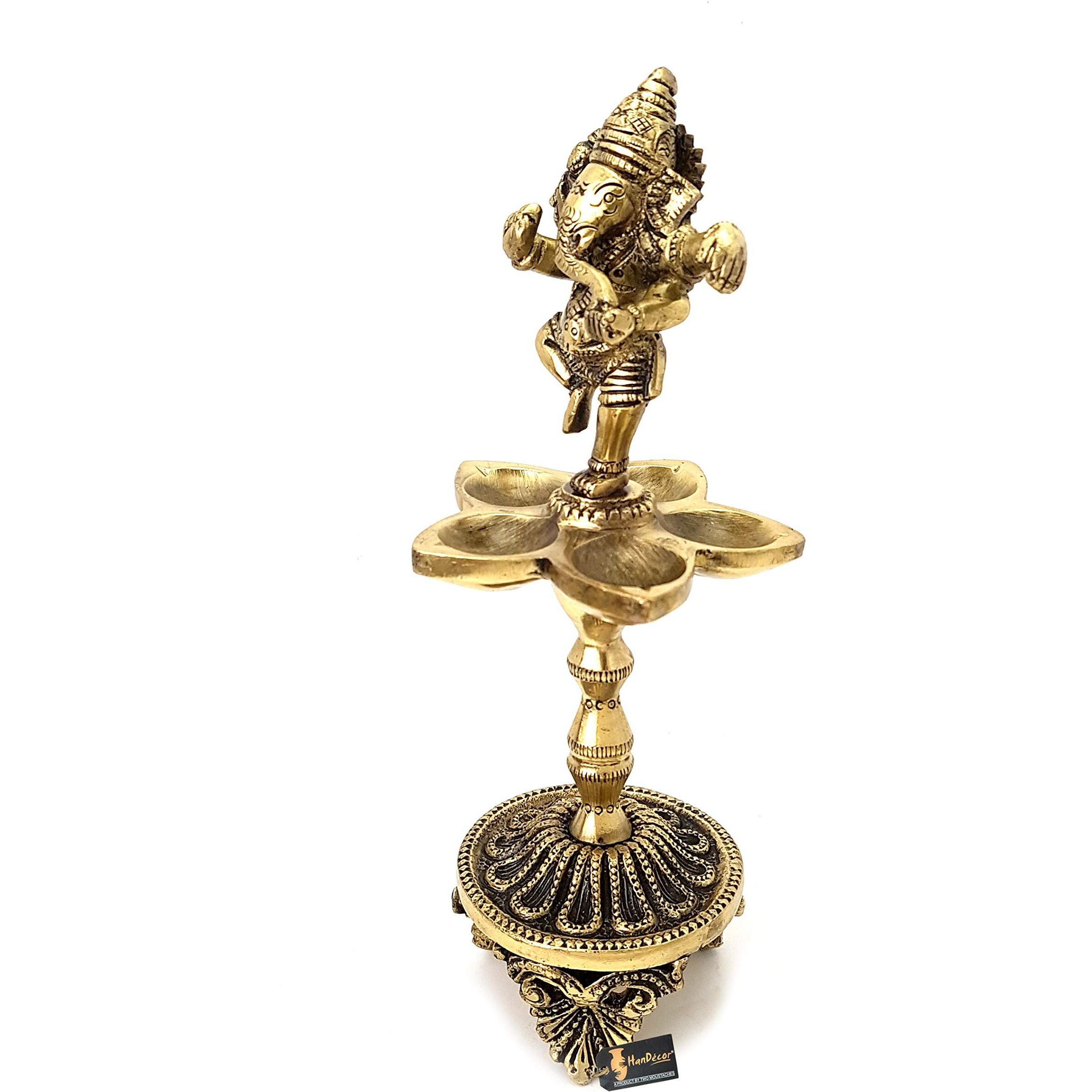 Two Moustaches Dancing Ganesha Over Ethnic Legs Five Oil Wick Brass Diya