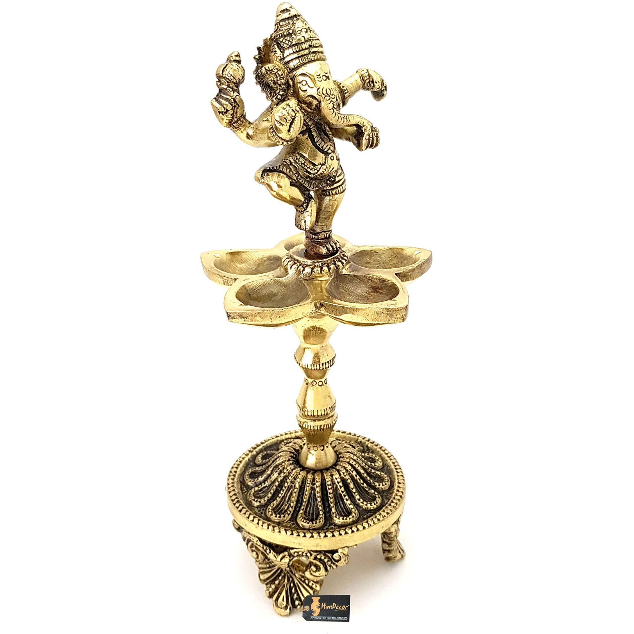 Two Moustaches Dancing Ganesha Over Ethnic Legs Five Oil Wick Brass Diya