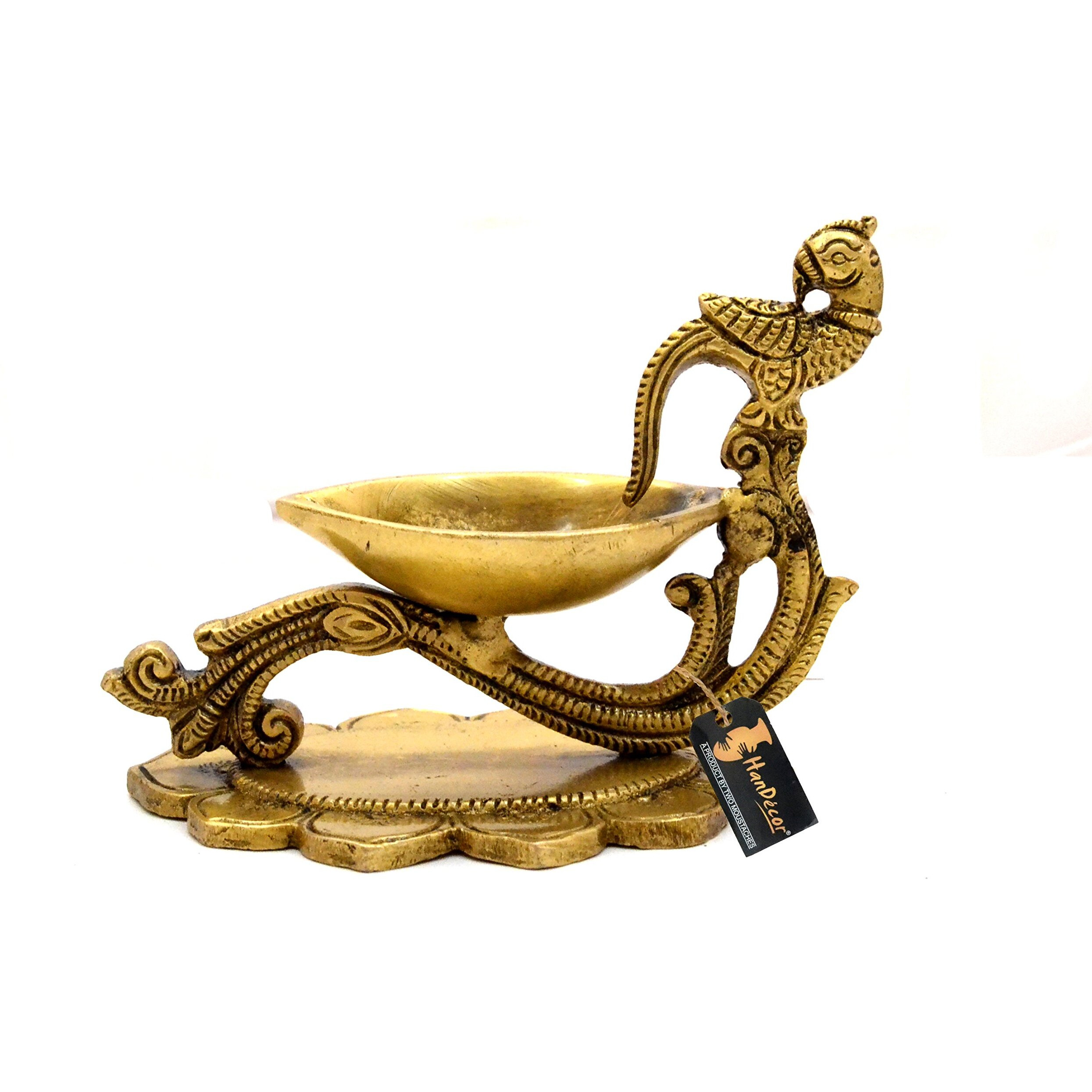 Two Moustaches Peacock on Handle Design Brass Oil Diya