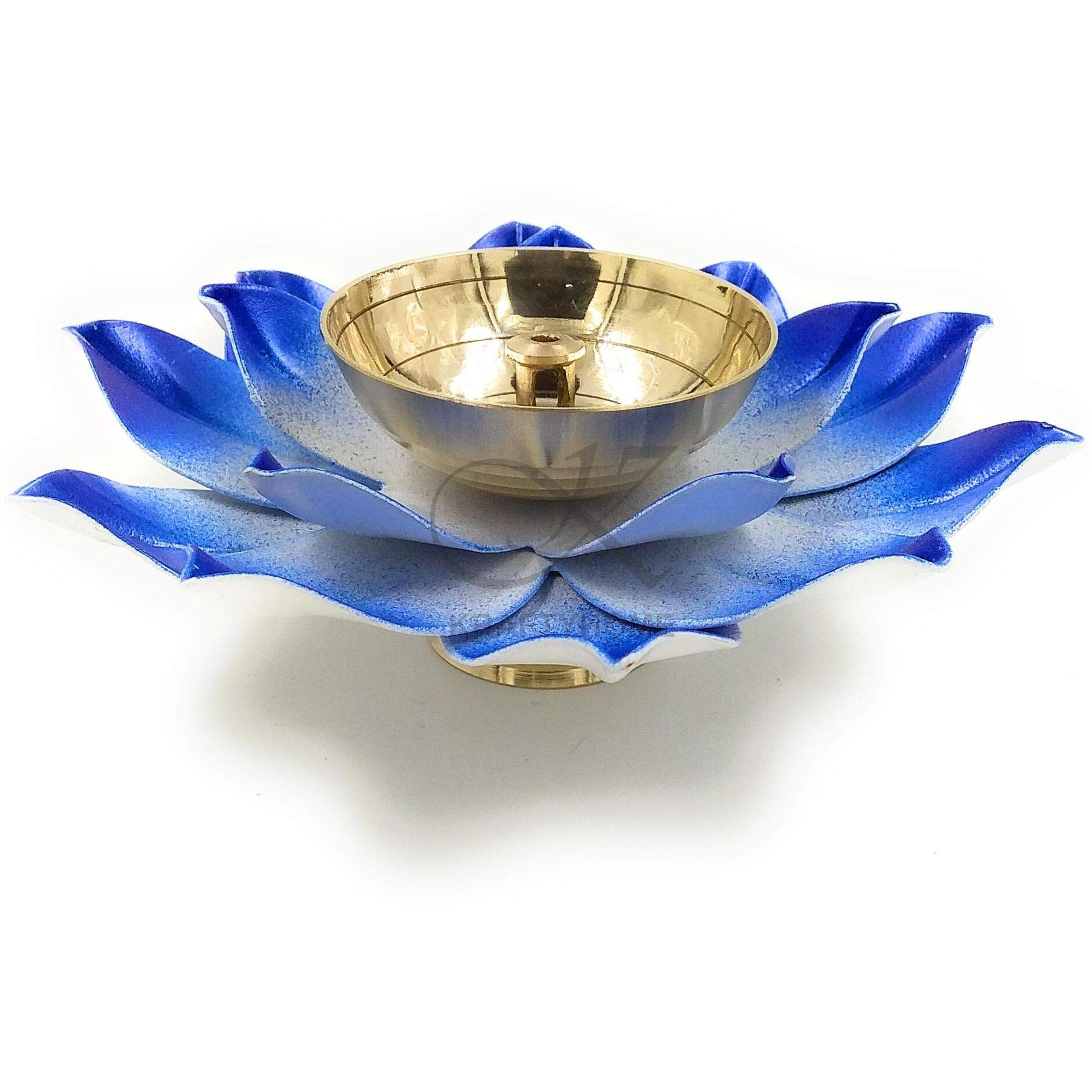 KRAFTYHOME Brass Lotus Kuber Diya Puja Oil Lamp Deepak with Enamel for Home (Blue)