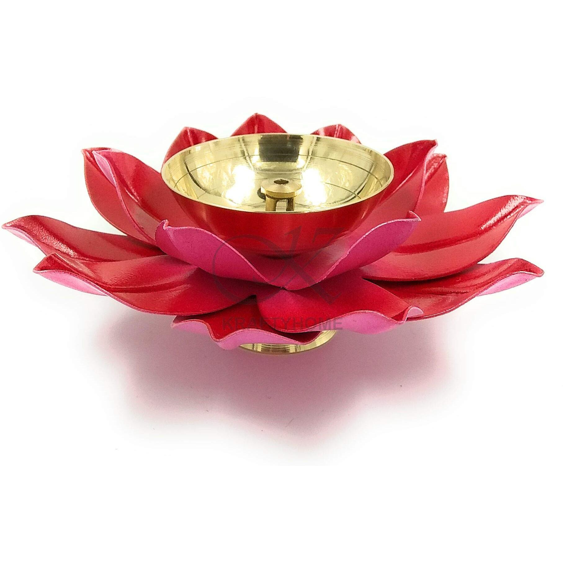 KRAFTYHOME Lotus Kuber Diya Puja Oil Lamp Deepak with Enamel for Home (Red)