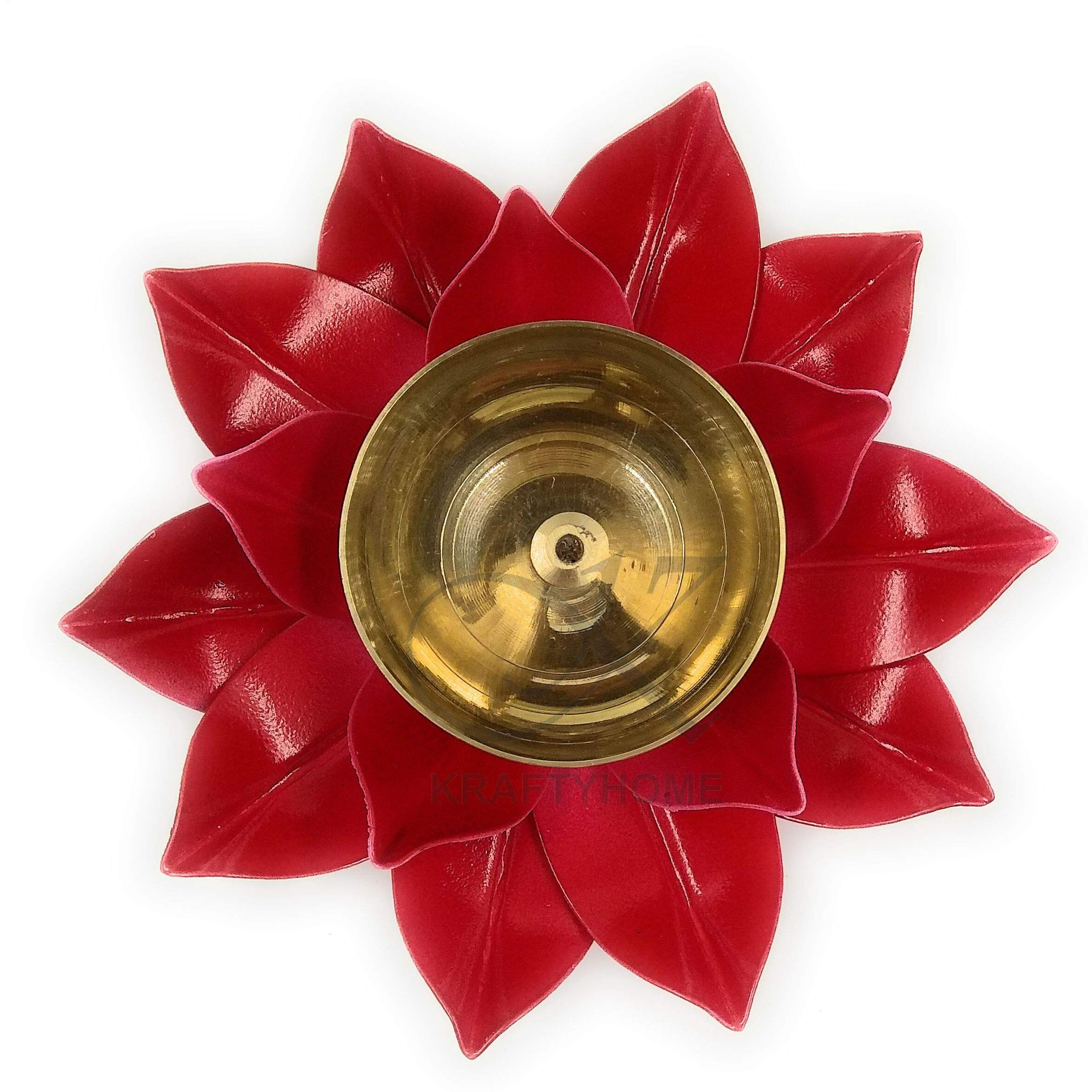 KRAFTYHOME Lotus Kuber Diya Puja Oil Lamp Deepak with Enamel for Home (Red)