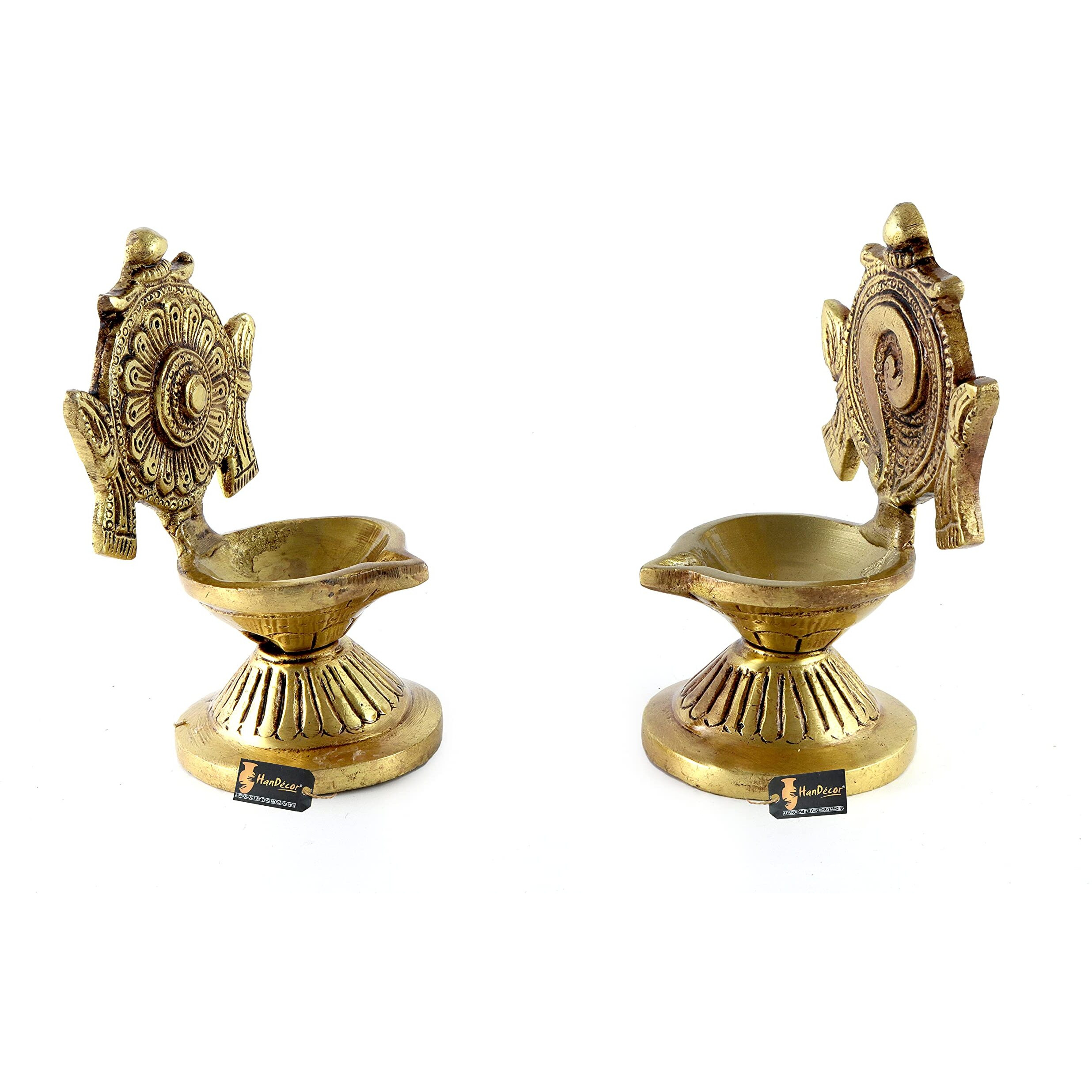 Two Moustaches 4.5 Inches Shankh Chakra Brass Diya Pair (Set of 2), Antique Yellow