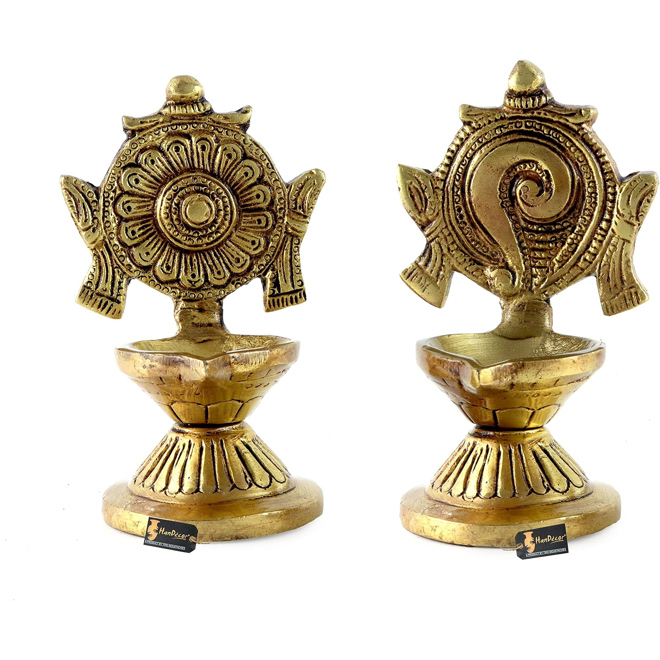 Two Moustaches 4.5 Inches Shankh Chakra Brass Diya Pair (Set of 2), Antique Yellow