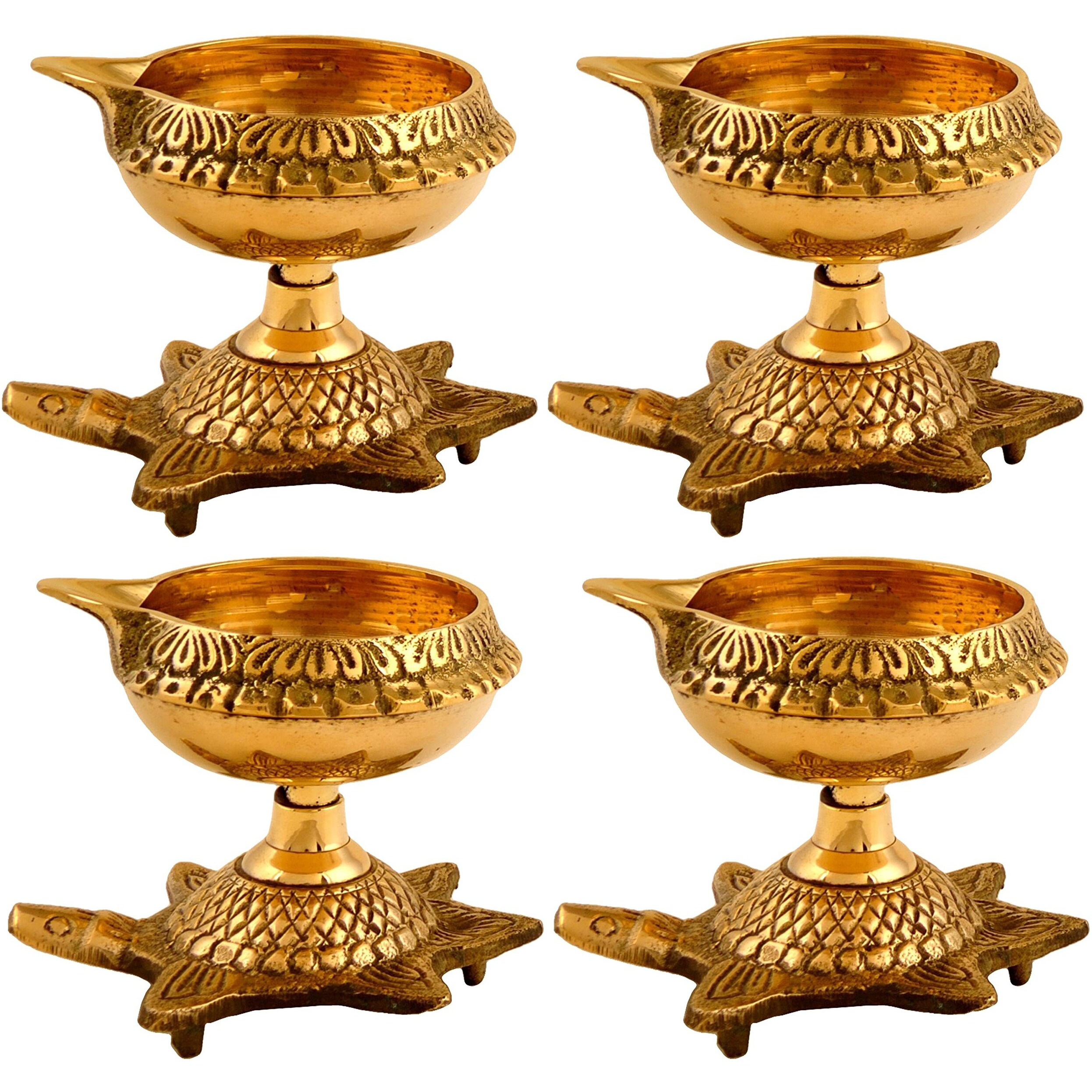 Hashcart Handmade Indian Engraved Design with Turtle Base Brass Kuber Diya Lamp (Set of 8)