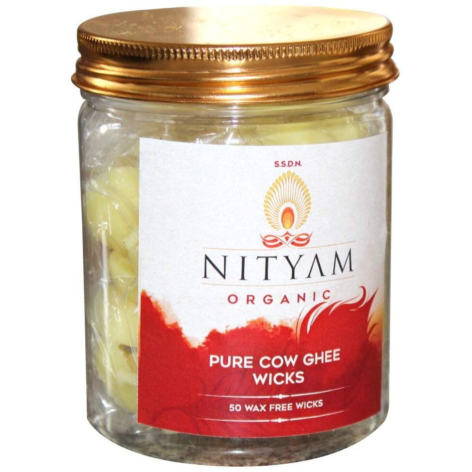 Nityam wicks soaked in pure cow ghee Ghee Wicks/Readymade Ghee Cotton Wicks/Diya Batti/Puja Batti/Jyot Batti for Pooja (Pack of 2 (50 wicks))