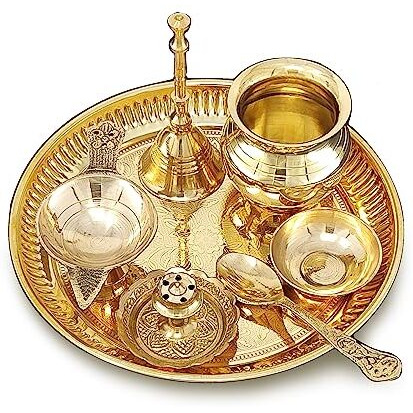 BENGALEN Brass Pooja Thali Set 6 Inch Puja Thali with Pital Plate Kalash Spoon Chandan Wati Dhup Dan Diya Ghanti Arti Thali for Diwali Home Office Mandir Wedding Return Gift Items