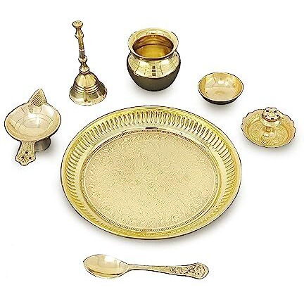 BENGALEN Brass Pooja Thali Set 6 Inch Puja Thali with Pital Plate Kalash Spoon Chandan Wati Dhup Dan Diya Ghanti Arti Thali for Diwali Home Office Mandir Wedding Return Gift Items