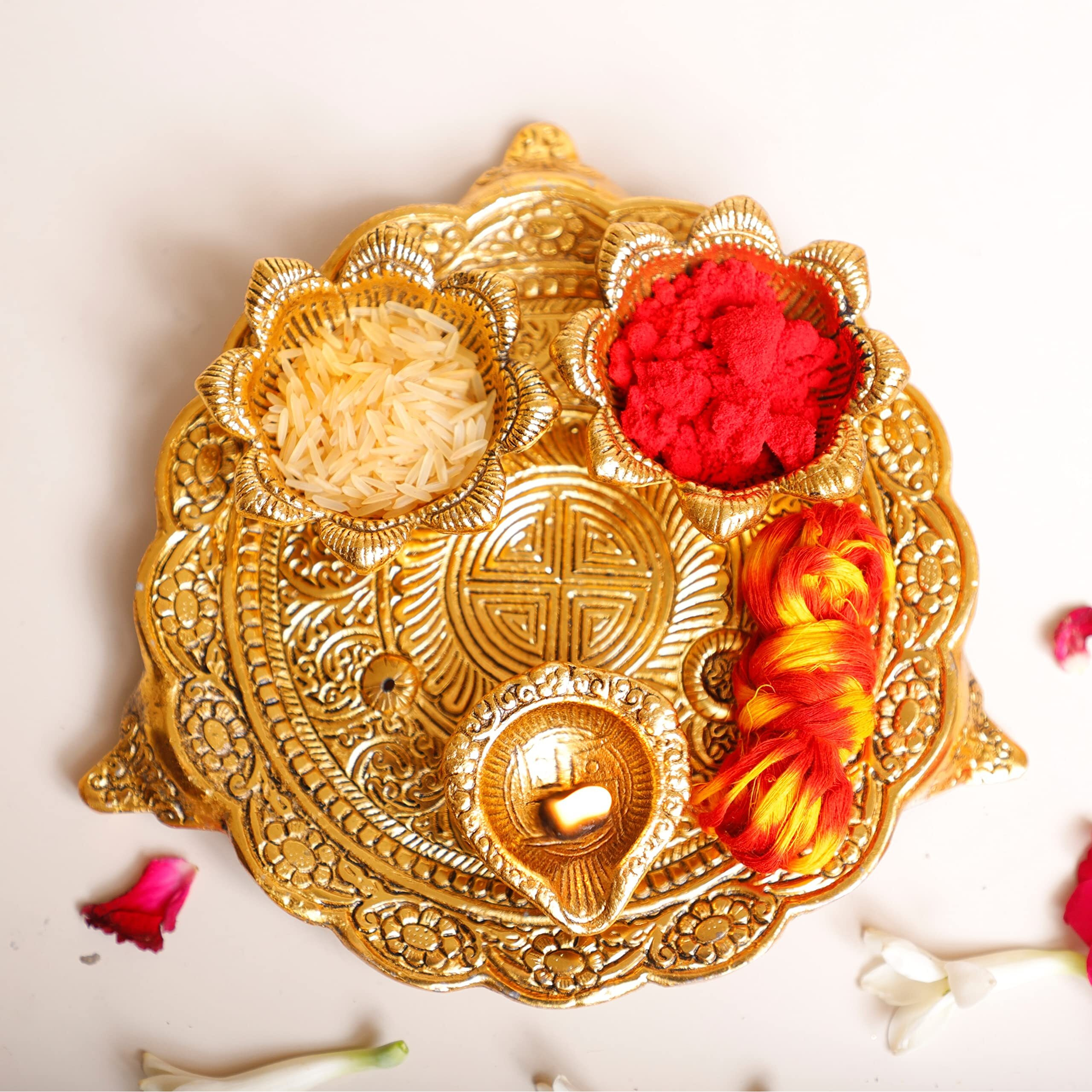 KridayKraft Metal Pooja Thali with Diya for Pooja Home/Temple/Mandir,Decorative Showpiece Pooja Thali Set for Diwali Poojan Wedding Gift Article, Gold