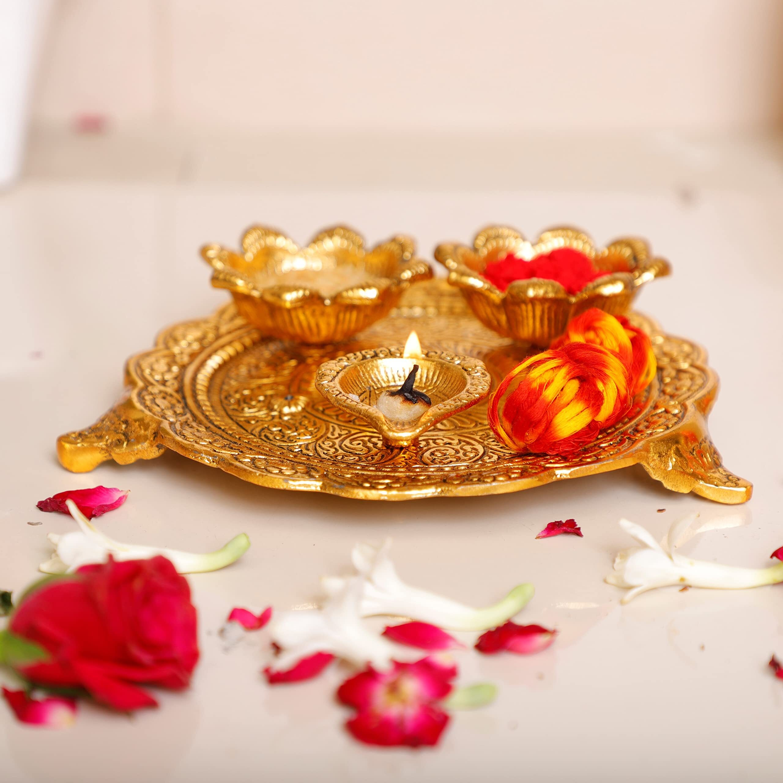 KridayKraft Metal Pooja Thali with Diya for Pooja Home/Temple/Mandir,Decorative Showpiece Pooja Thali Set for Diwali Poojan Wedding Gift Article, Gold