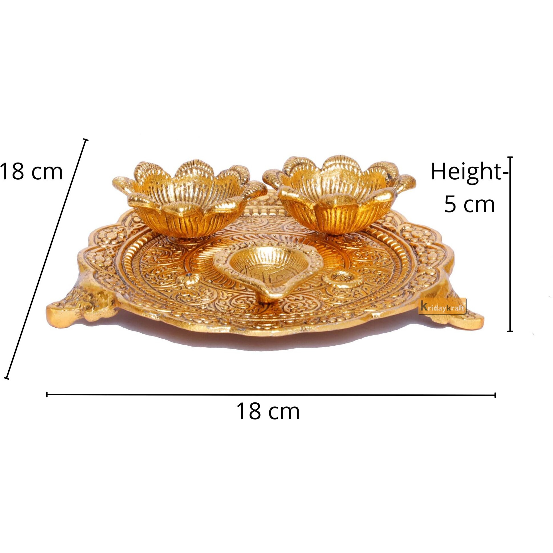 KridayKraft Metal Pooja Thali with Diya for Pooja Home/Temple/Mandir,Decorative Showpiece Pooja Thali Set for Diwali Poojan Wedding Gift Article, Gold