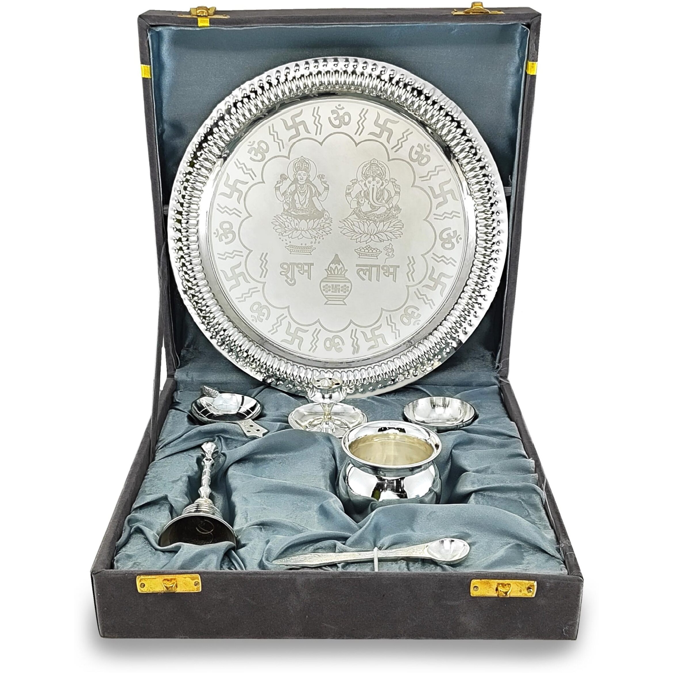 BENGALEN Pooja Thali Set Silver Plated with Grey Gift Box Designed 22 cm Puja Plate Kalash Bowl Ghanti Spoon Dhup Dan Diya for Home Office Diwali Wedding Return Gift Items