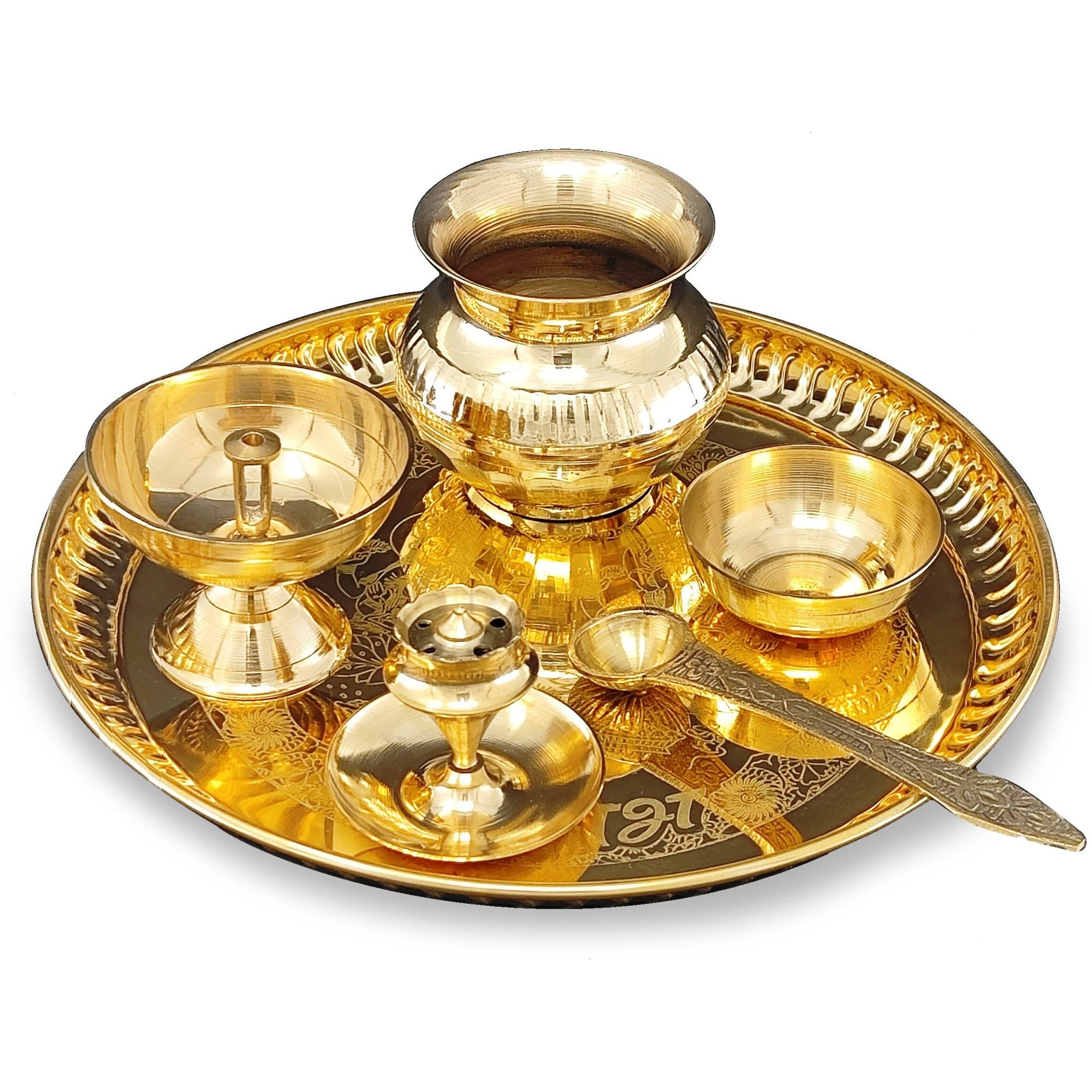 BENGALEN Brass Pooja Thali Set 8 Inch with Pital Plate Kalash Piyali Diya Dhup Dan Spoon Bowl Puja Thali for Diwali Home Office Mandir Wedding Return Gift Items