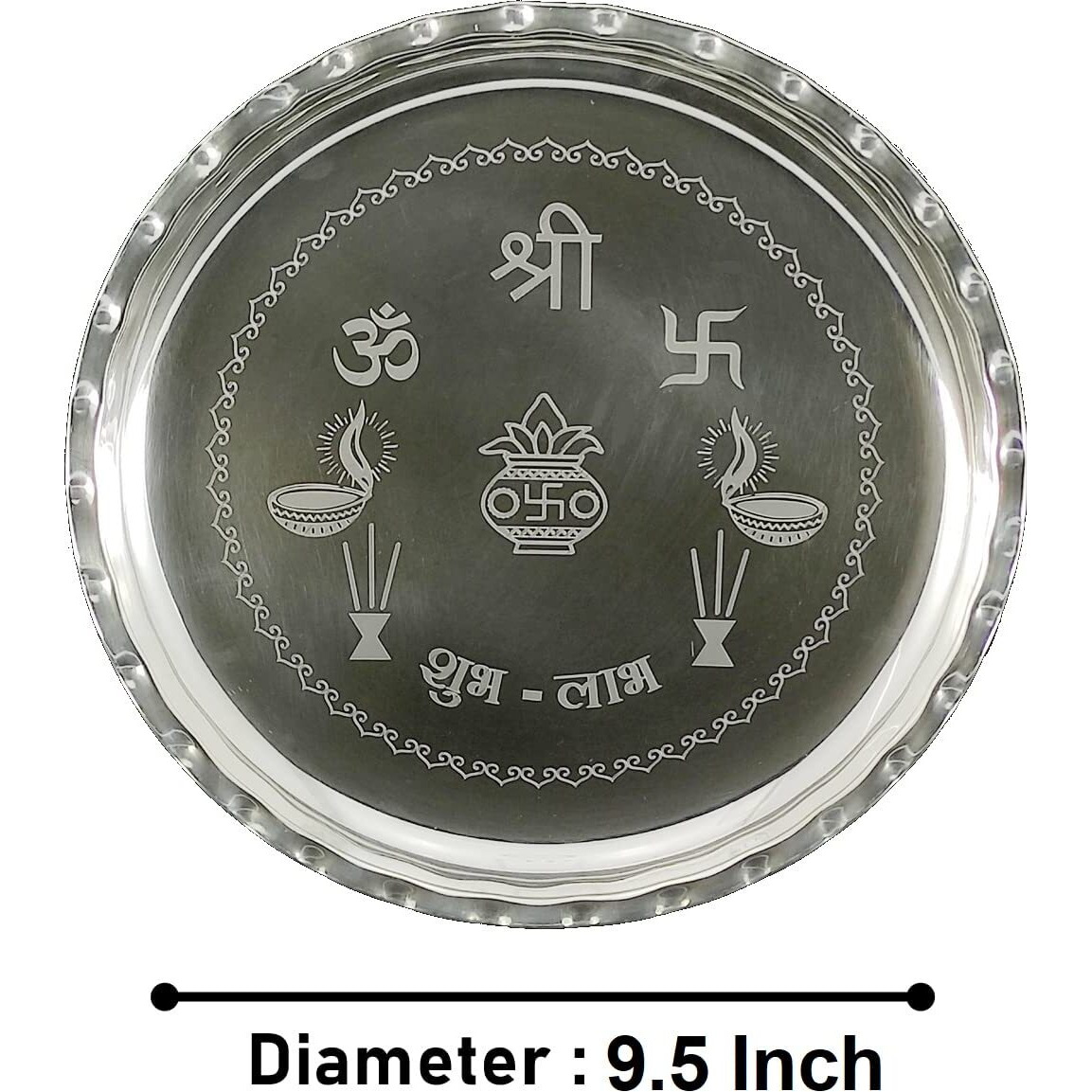 BENGALEN Silver Plated Pooja thali Set 9.5 Inch with Plate Kalash Palli Diya Kumkum Holder Bowl Dhup Dan Coin Ghanti Puja Thali for Diwali Home Mandir Office Wedding Return Gift Items