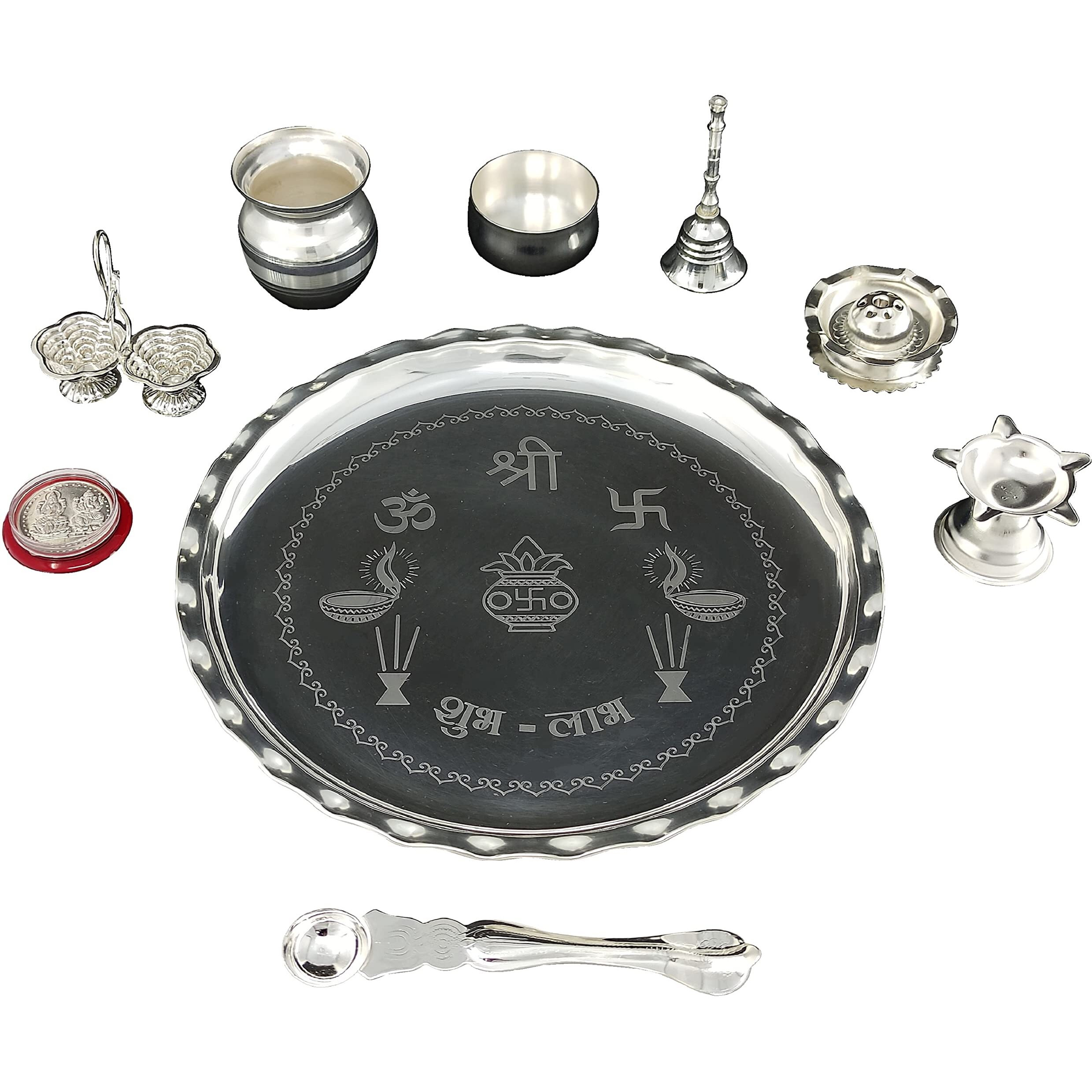 BENGALEN Silver Plated Pooja thali Set 9.5 Inch with Plate Kalash Palli Diya Kumkum Holder Bowl Dhup Dan Coin Ghanti Puja Thali for Diwali Home Mandir Office Wedding Return Gift Items