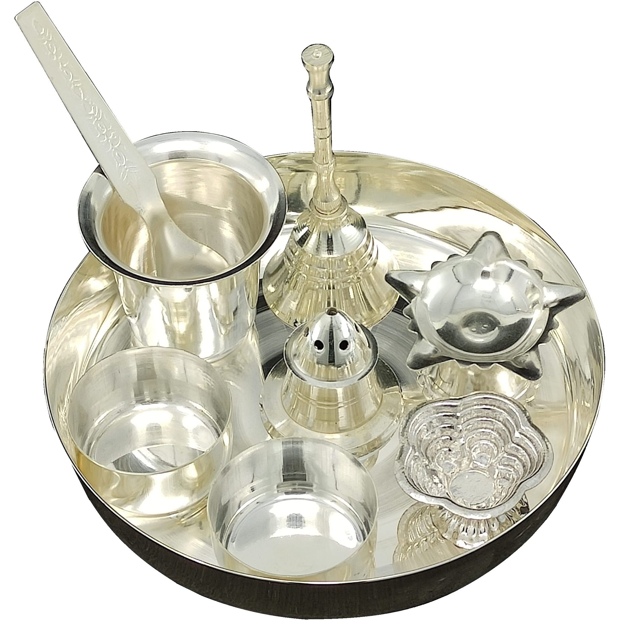 BENGALEN Silver Plated Pooja Thali Set with 5 inch Plate Bowls Glass Spoon ghanti agarbatti Stand Diya kumkum Stand Daily Puja Decorative Home Office Wedding Return Gift Items