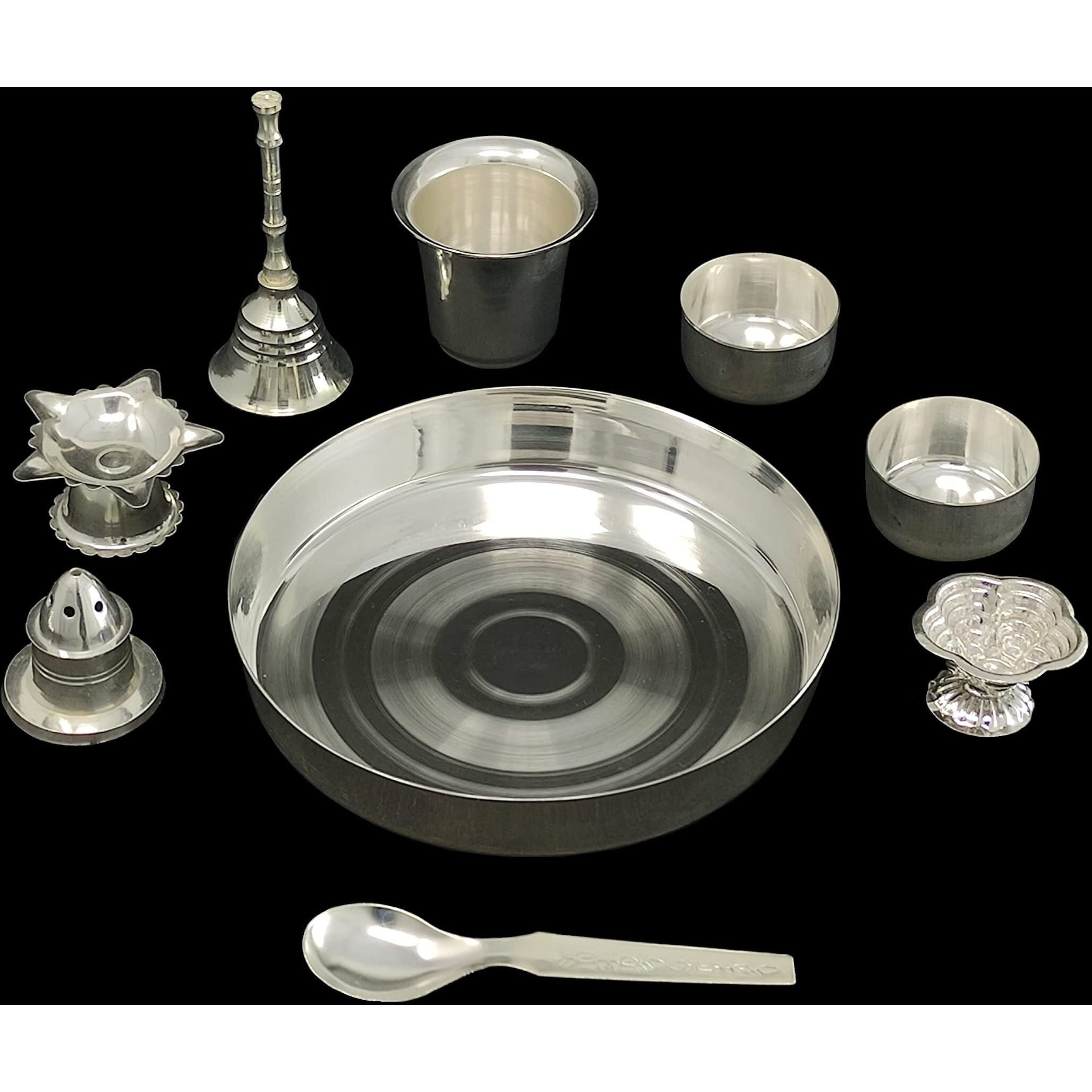 BENGALEN Silver Plated Pooja Thali Set with 5 inch Plate Bowls Glass Spoon ghanti agarbatti Stand Diya kumkum Stand Daily Puja Decorative Home Office Wedding Return Gift Items