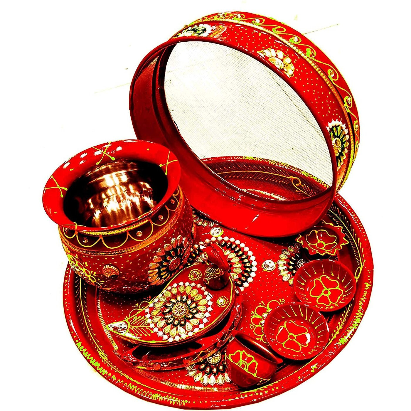 CLUZE Karwachauth Thali Set - Karwachauth Puja Stainless Steel Thali Set - Channi/Lota/Diya/Bowls/Kalash/Kumkum Box, 0.5 Liter