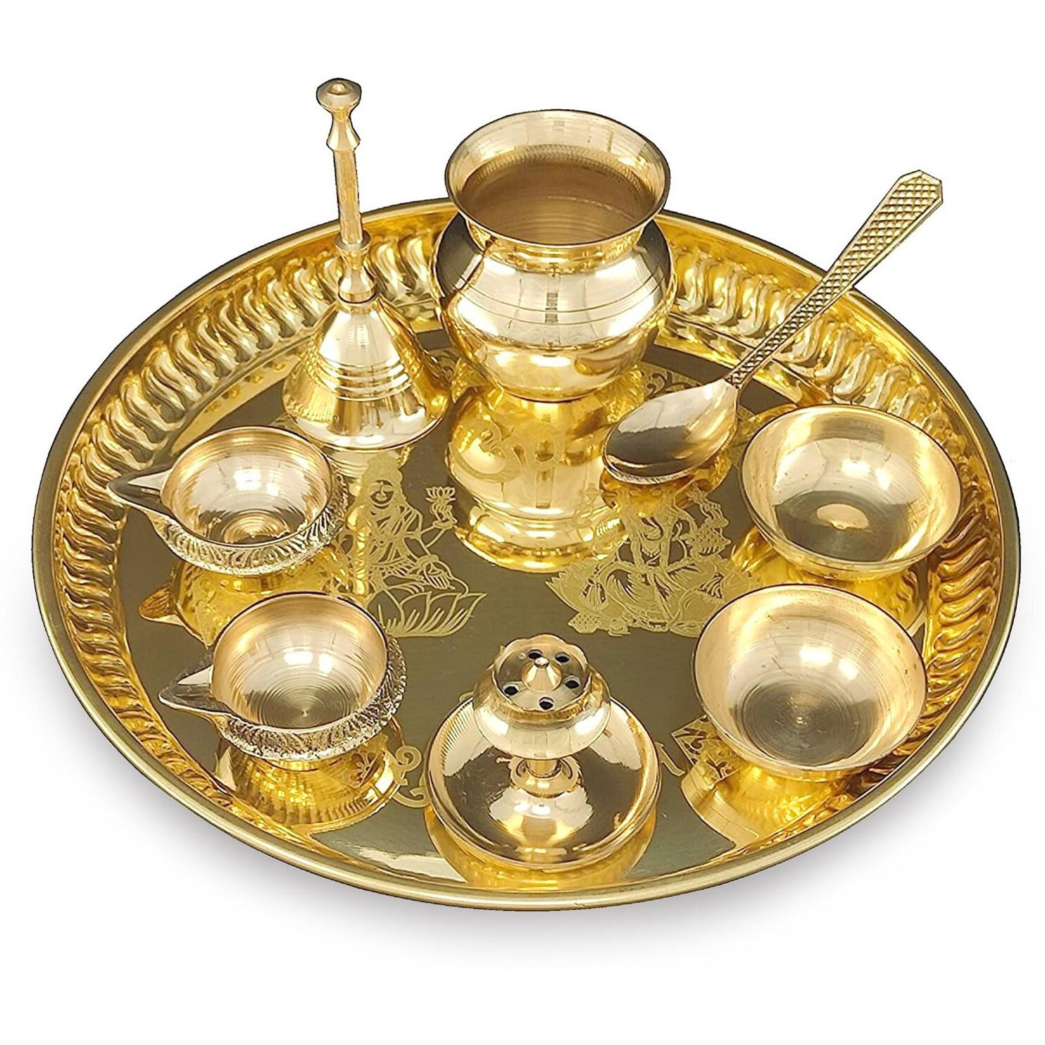 BENGALEN Pooja Thali Set Brass Puja Thali Pital 8 Inch With Accessories Kuber Diya Ghanti Kalash Spoon Bowl Agarbatti Stand For Diwali Home Office Wedding Gift Items, 500 ML