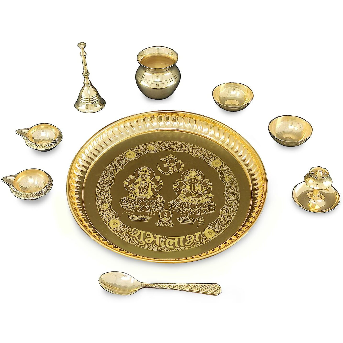 BENGALEN Pooja Thali Set Brass Puja Thali Pital 8 Inch With Accessories Kuber Diya Ghanti Kalash Spoon Bowl Agarbatti Stand For Diwali Home Office Wedding Gift Items, 500 ML