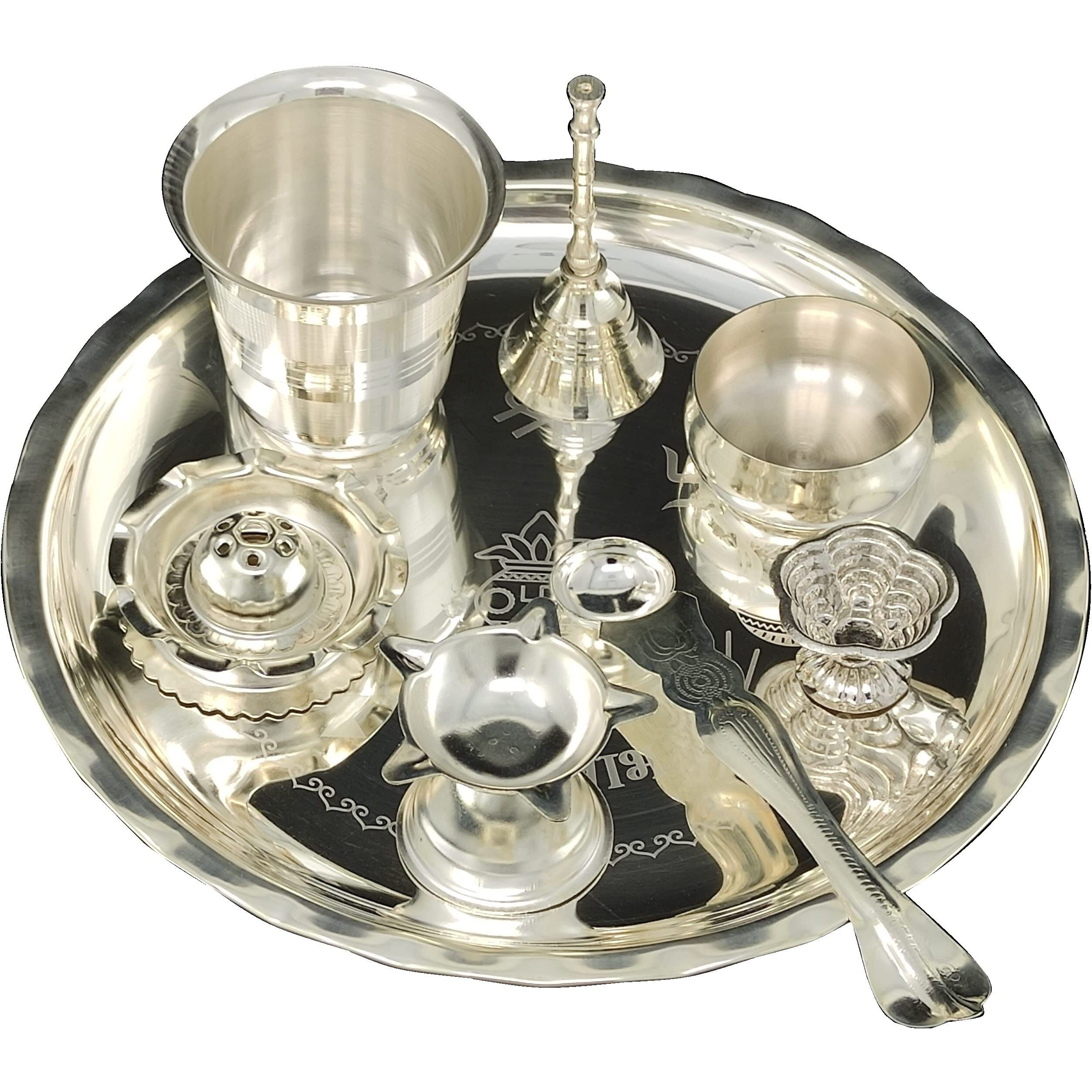 BENGALEN Silver Plated Pooja thali Set 8 Inch Plate Diya Dhup Dan Glass Ghanti Bowl Kumkum Stand Palli Daily Puja Thali for Diwali Home Mandir Office Wedding Return Festive Gift Items